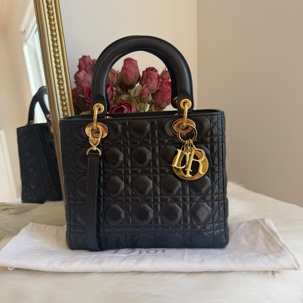 Lady Dior Medium — Black Cannage Leather — Gold-Tone Hardware