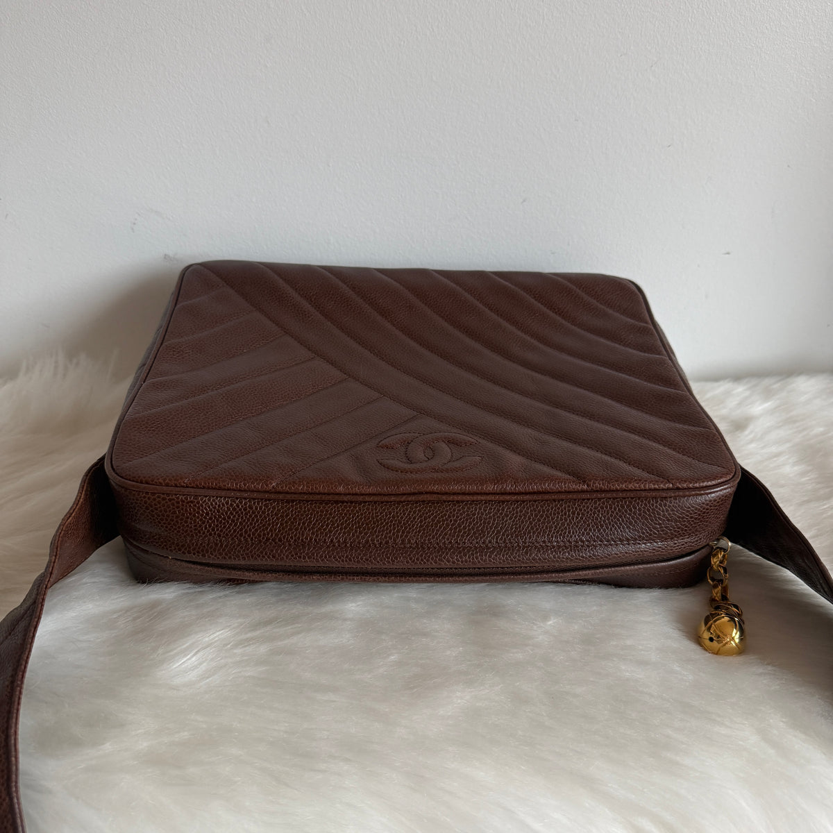 Vintage Chevron Camera Bag — Dark Chocolate Brown Caviar Leather — 24K Gold-Plated Hardware