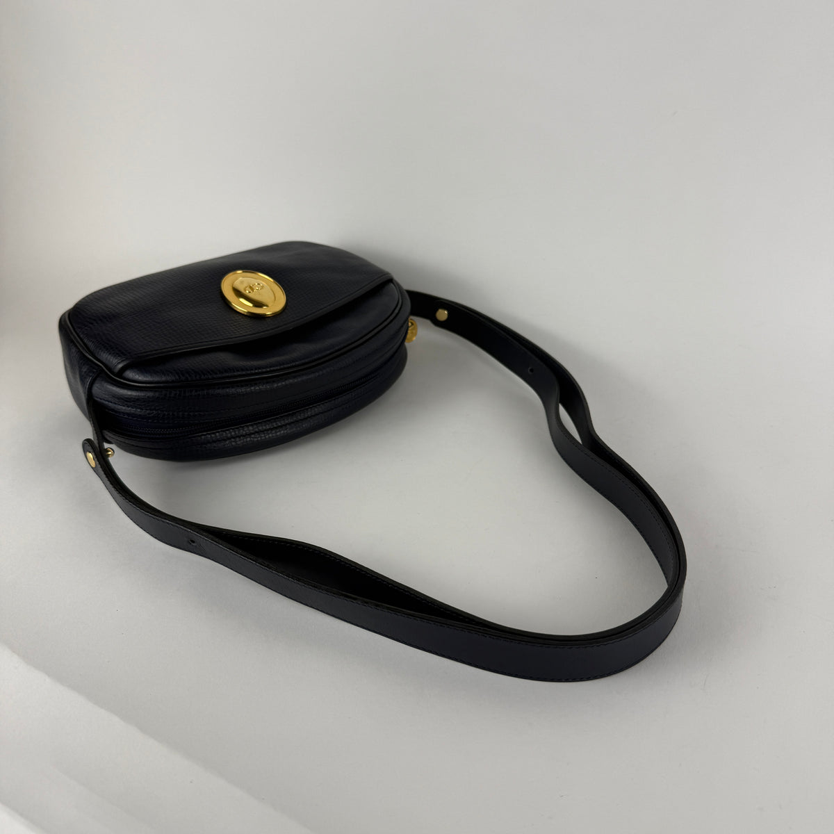 Vintage Crossbody Bag — Navy Blue Leather — Gold-Tone Hardware