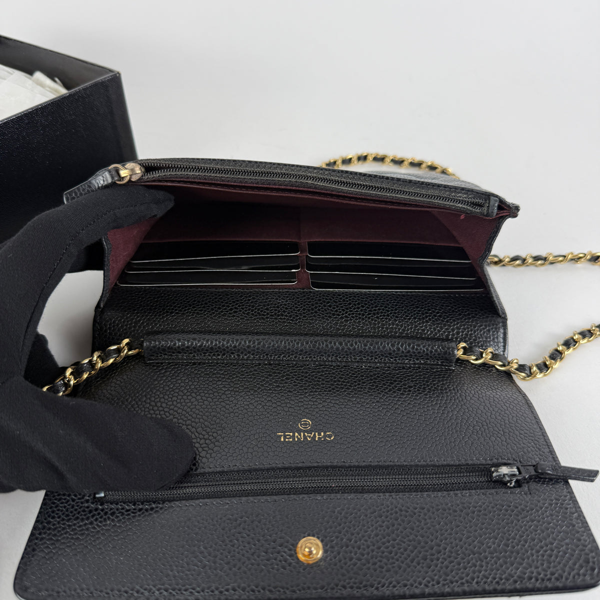 Wallet on Chain — Black Caviar Leather — Gold-Tone Hardware