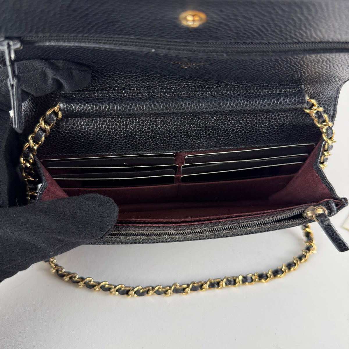 Wallet on Chain — Black Caviar Leather — Gold-Tone Hardware