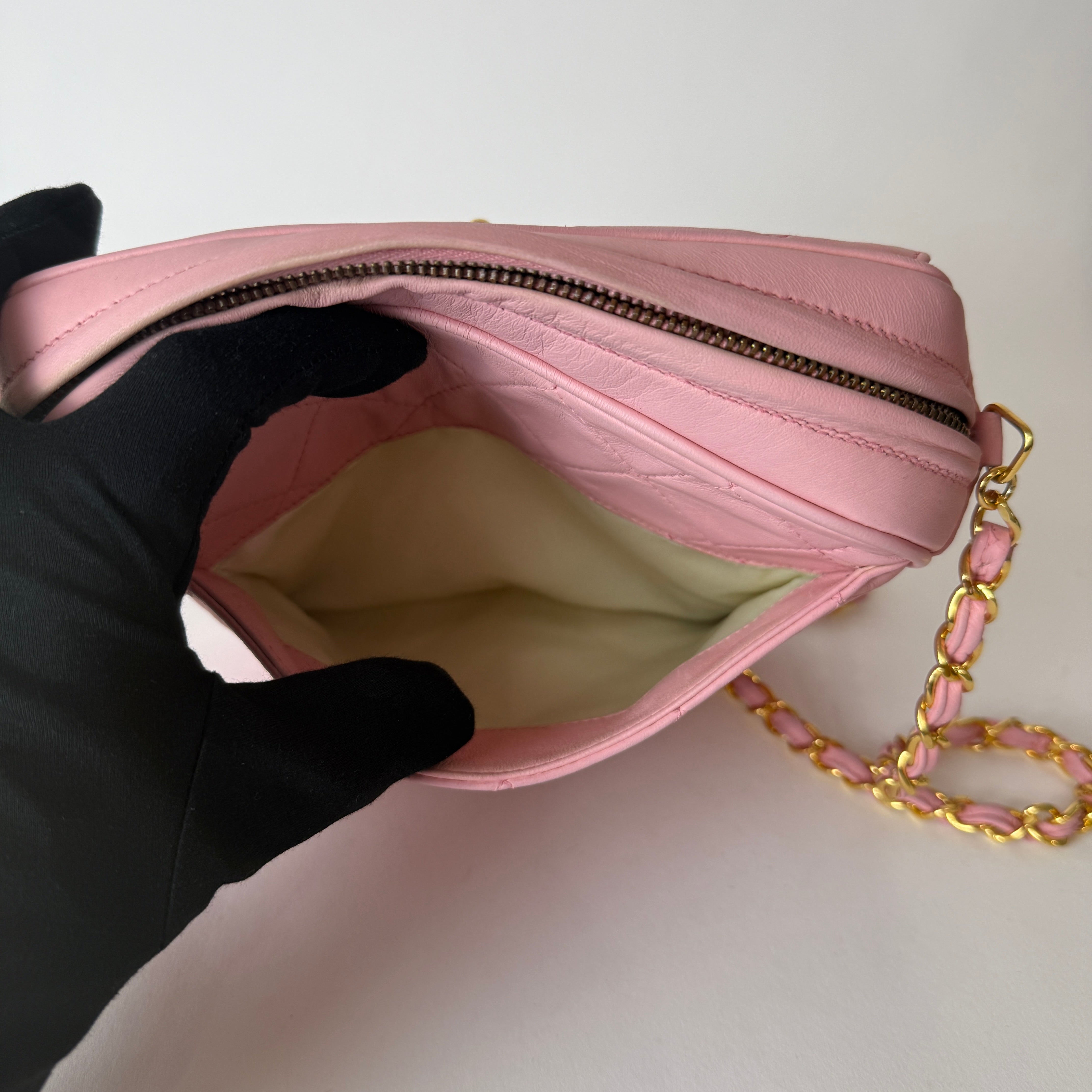 Vintage Quilted Camera Bag — Pink Lambskin