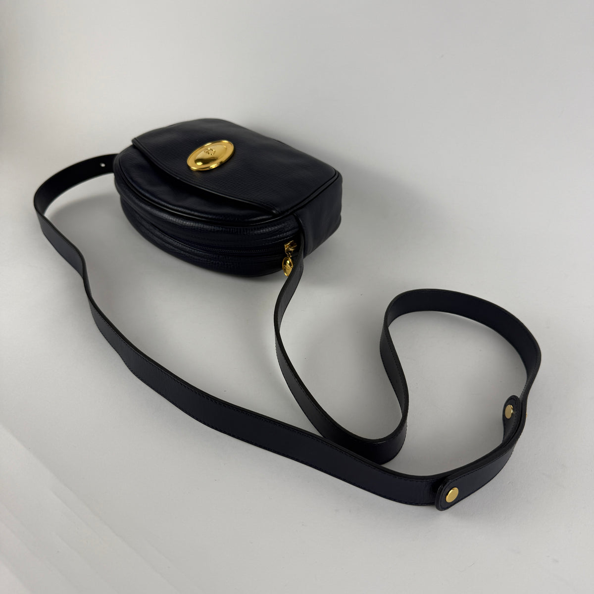 Vintage Crossbody Bag — Navy Blue Leather — Gold-Tone Hardware