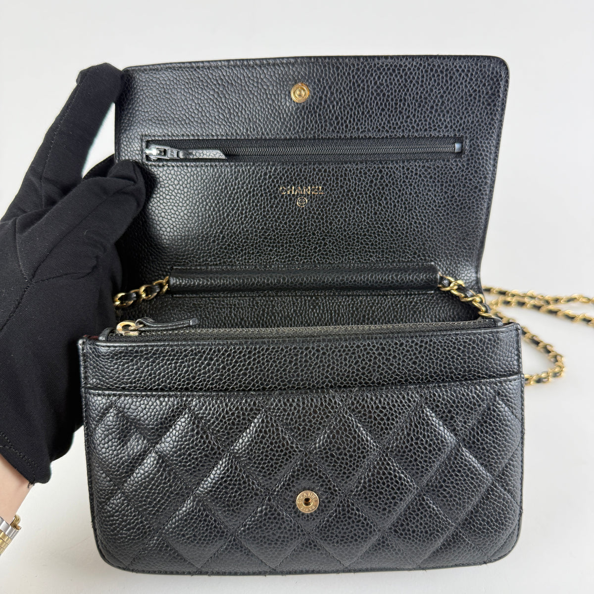 Wallet on Chain — Black Caviar Leather — Gold-Tone Hardware