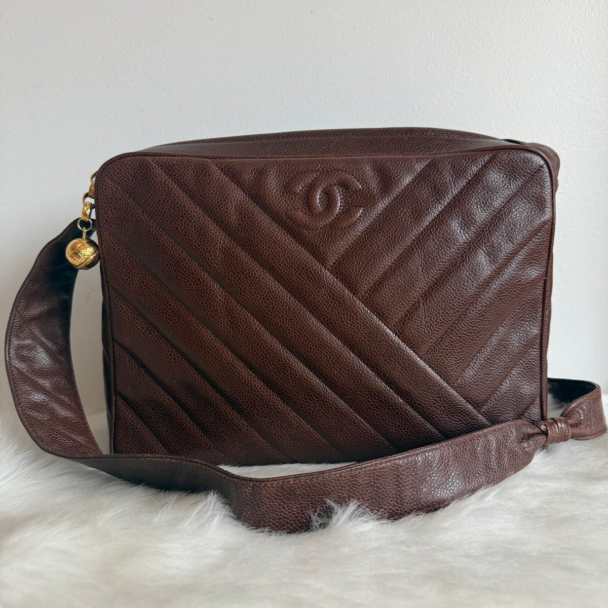 Vintage Chevron Camera Bag — Dark Chocolate Brown Caviar Leather — 24K Gold-Plated Hardware