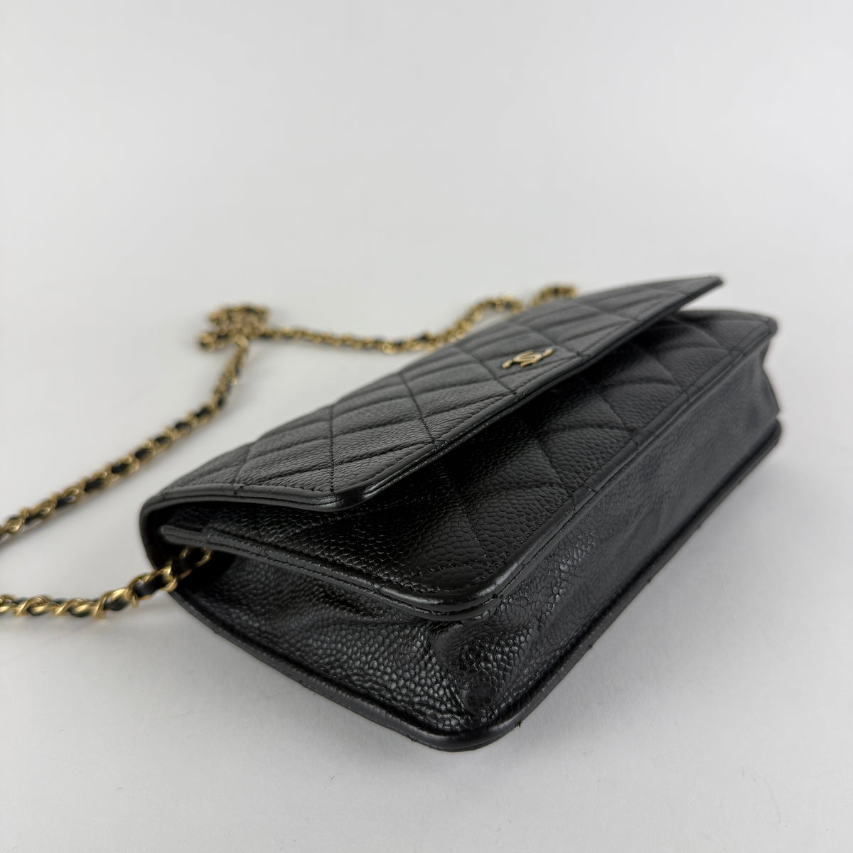 Wallet on Chain — Black Caviar Leather — Gold-Tone Hardware