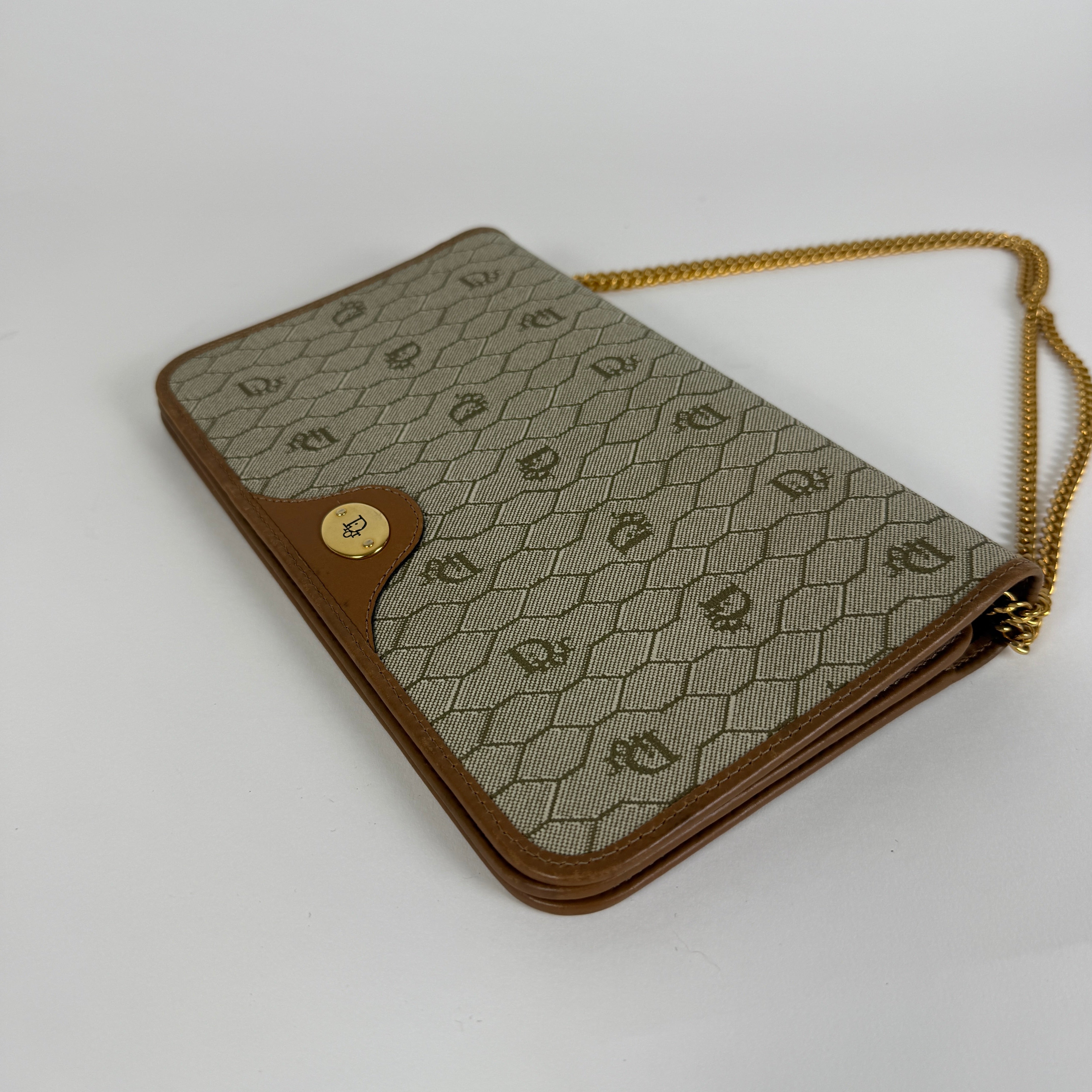 Vintage Brown leather trim Chain Clutch