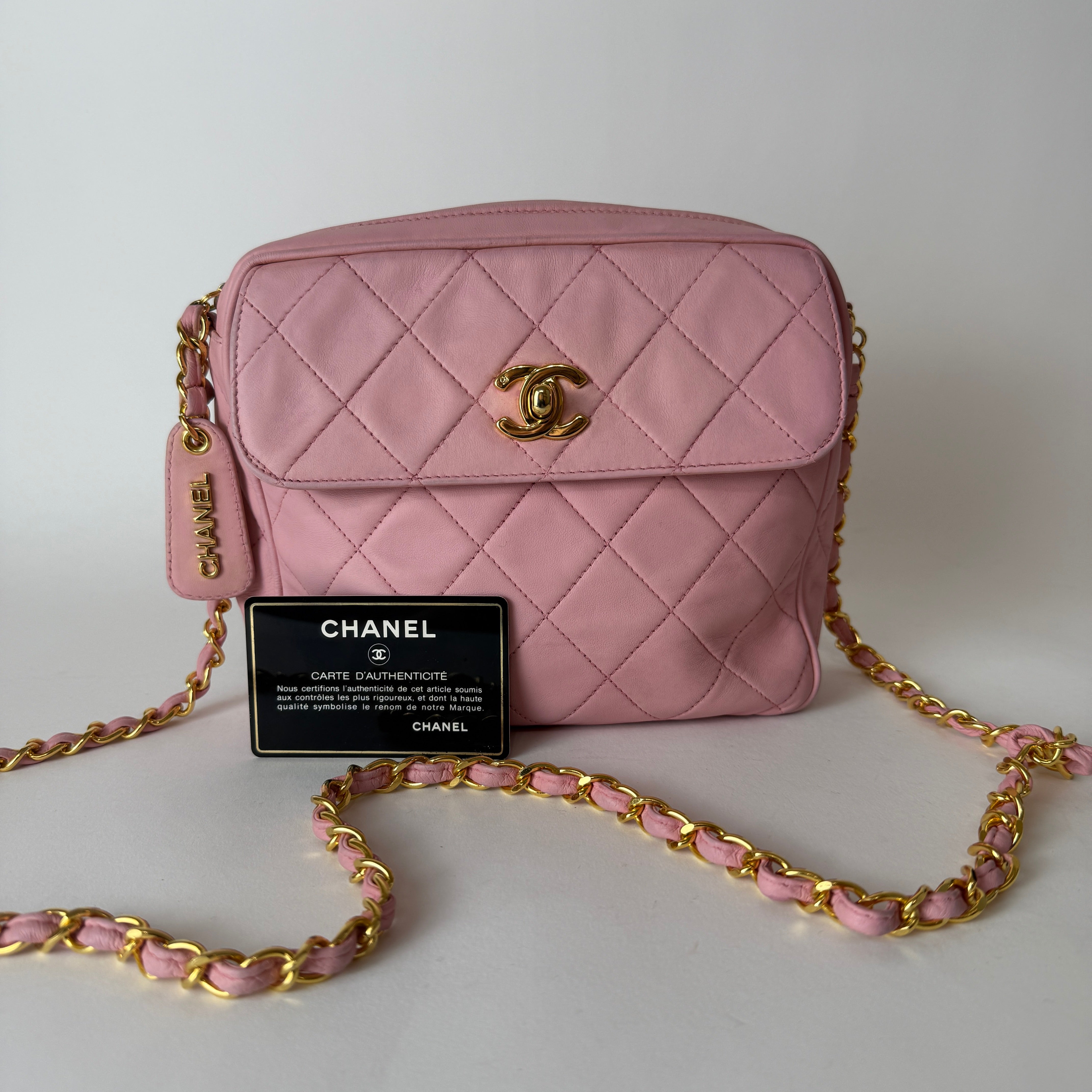 Vintage Quilted Camera Bag — Pink Lambskin