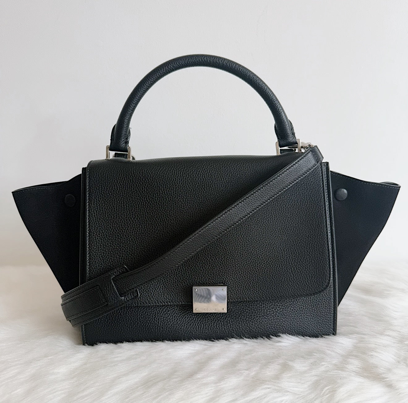 Trapeze Leather & Suede 2 Way Handbag – Black
