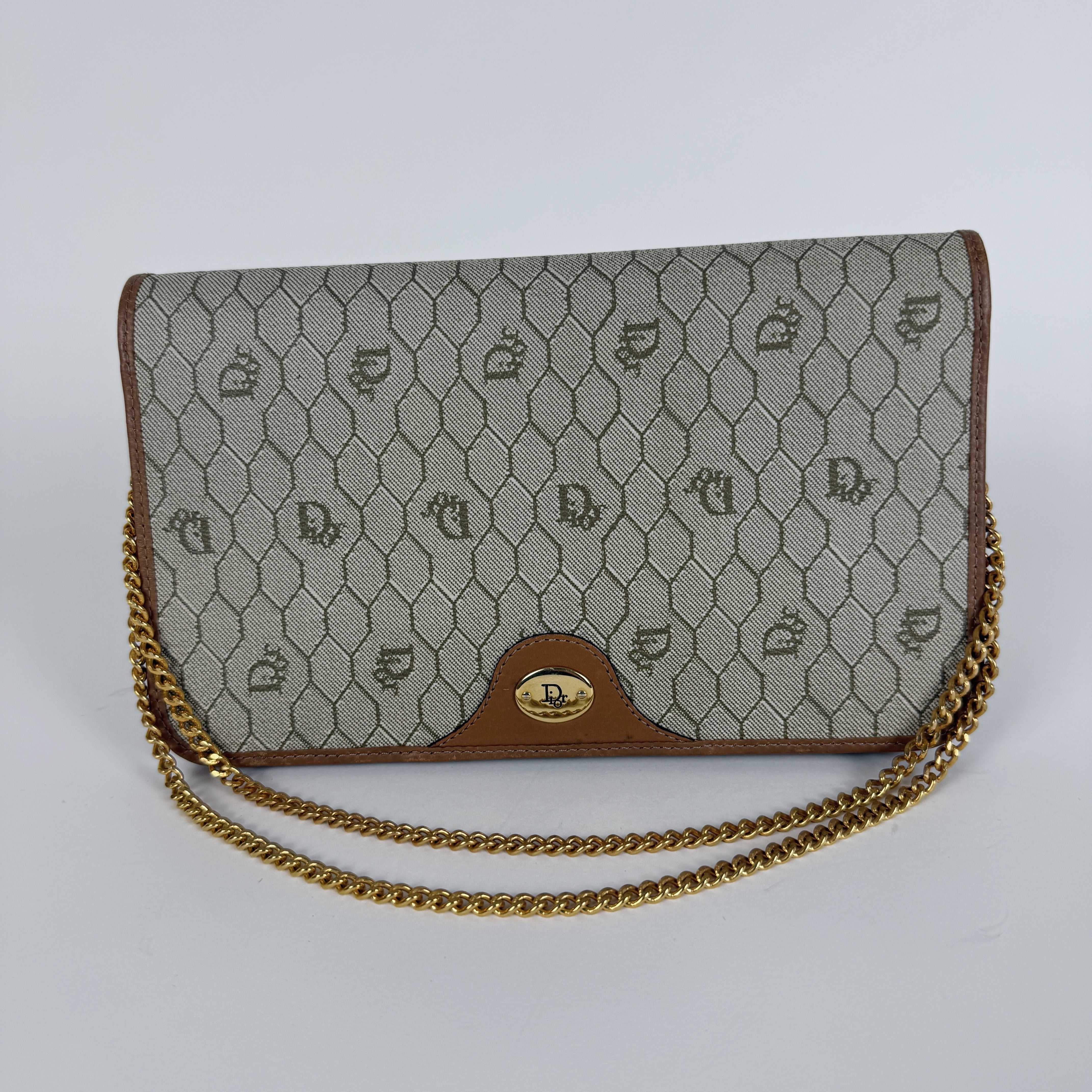 Vintage Brown leather trim Chain Clutch