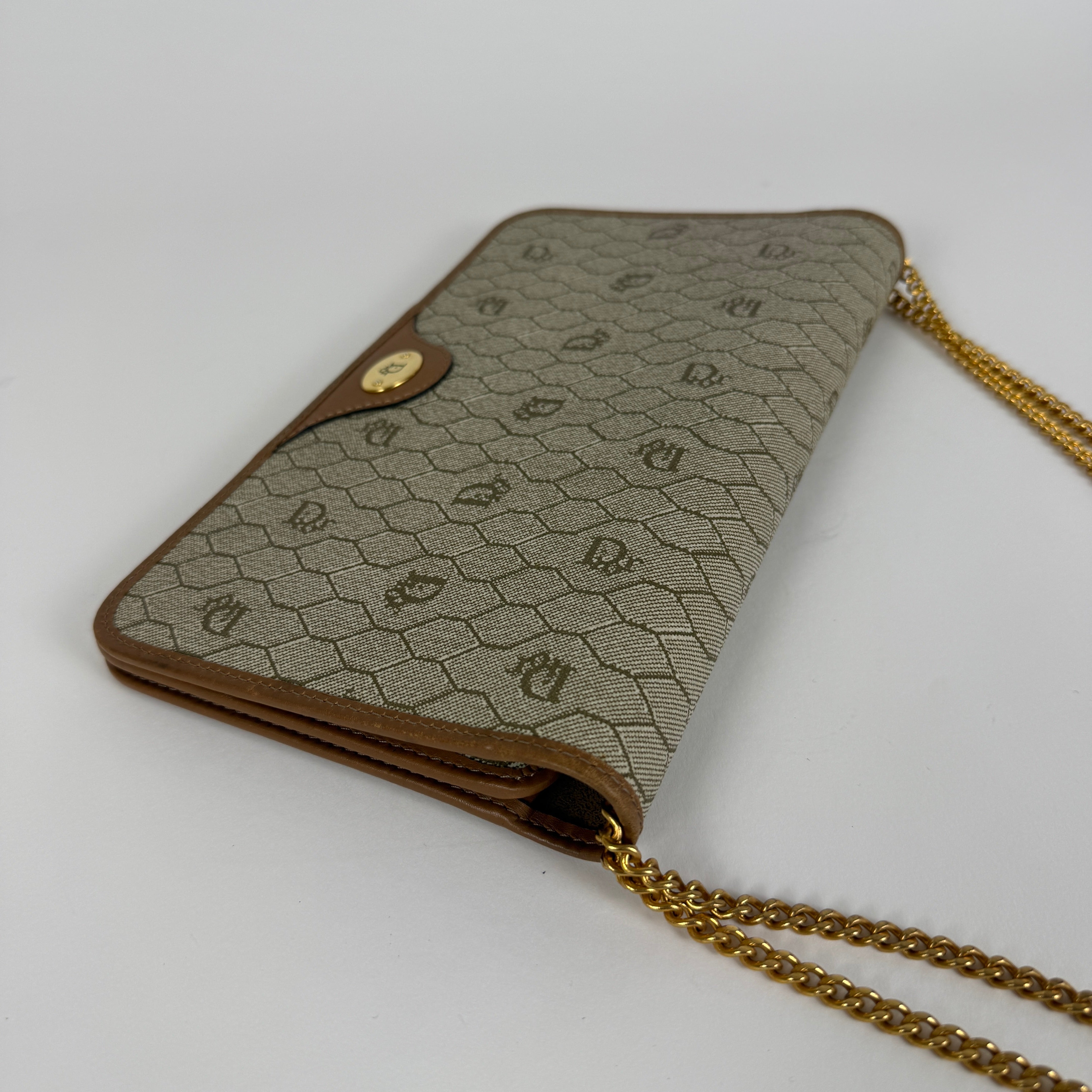 Vintage Brown leather trim Chain Clutch