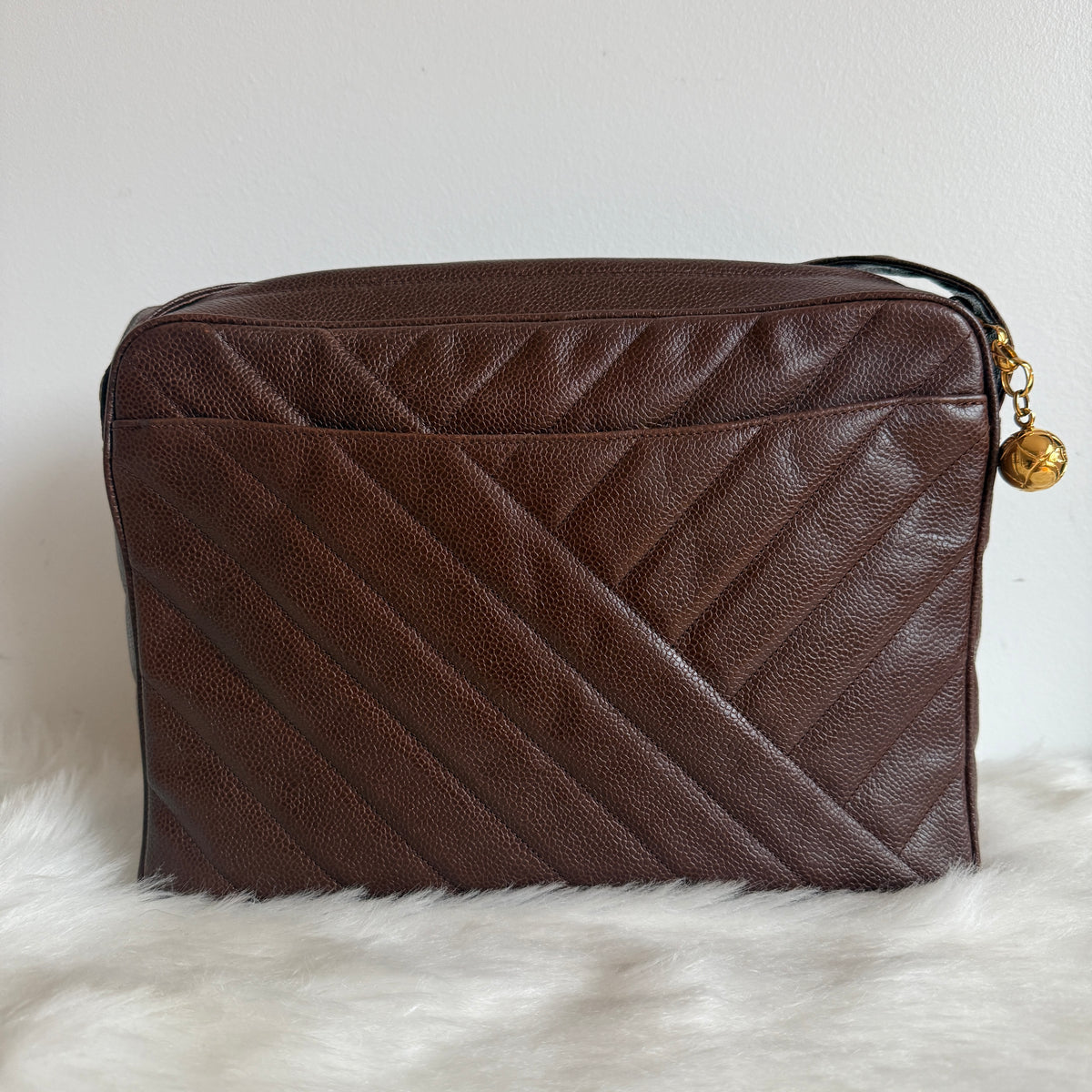Vintage Chevron Camera Bag — Dark Chocolate Brown Caviar Leather — 24K Gold-Plated Hardware