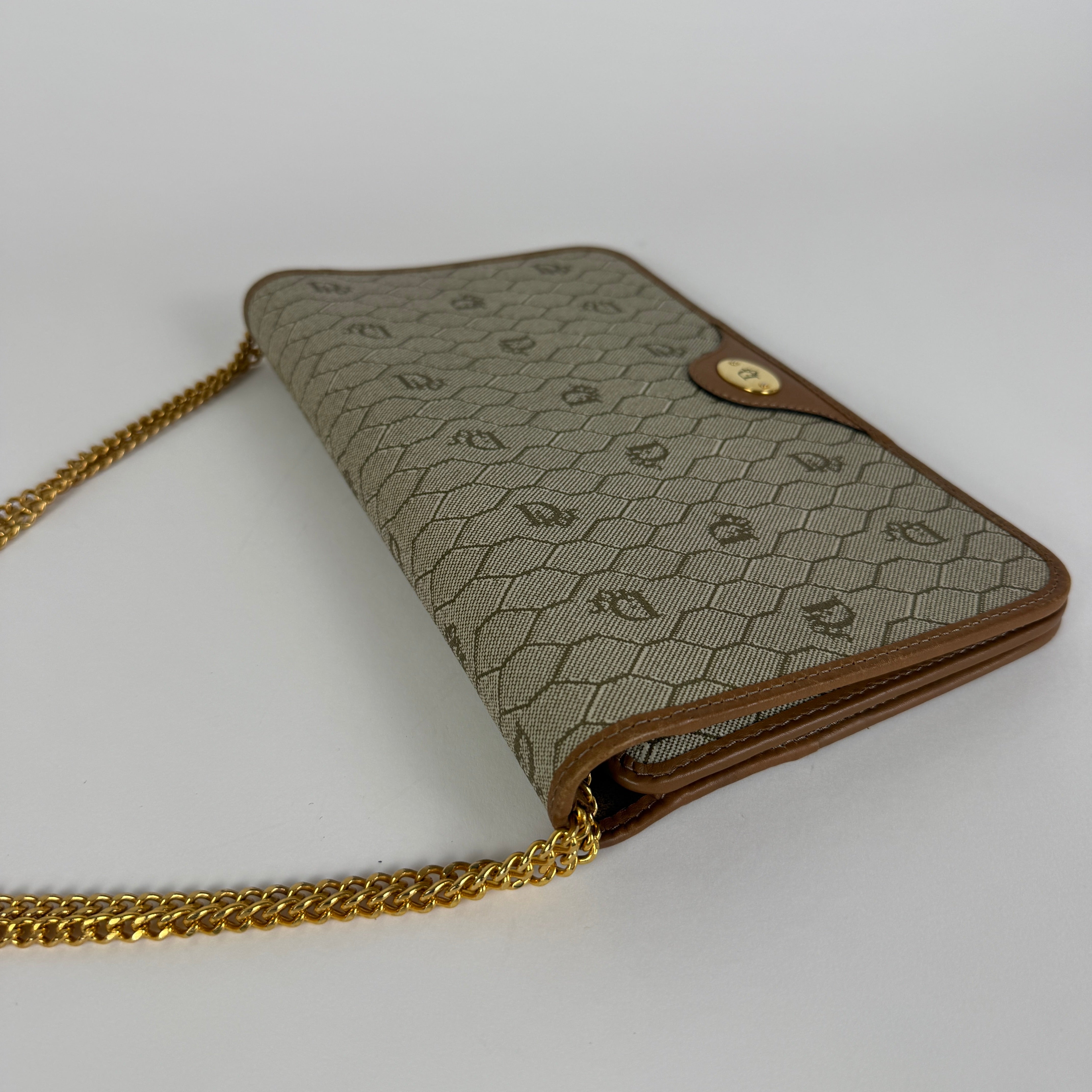 Vintage Brown leather trim Chain Clutch