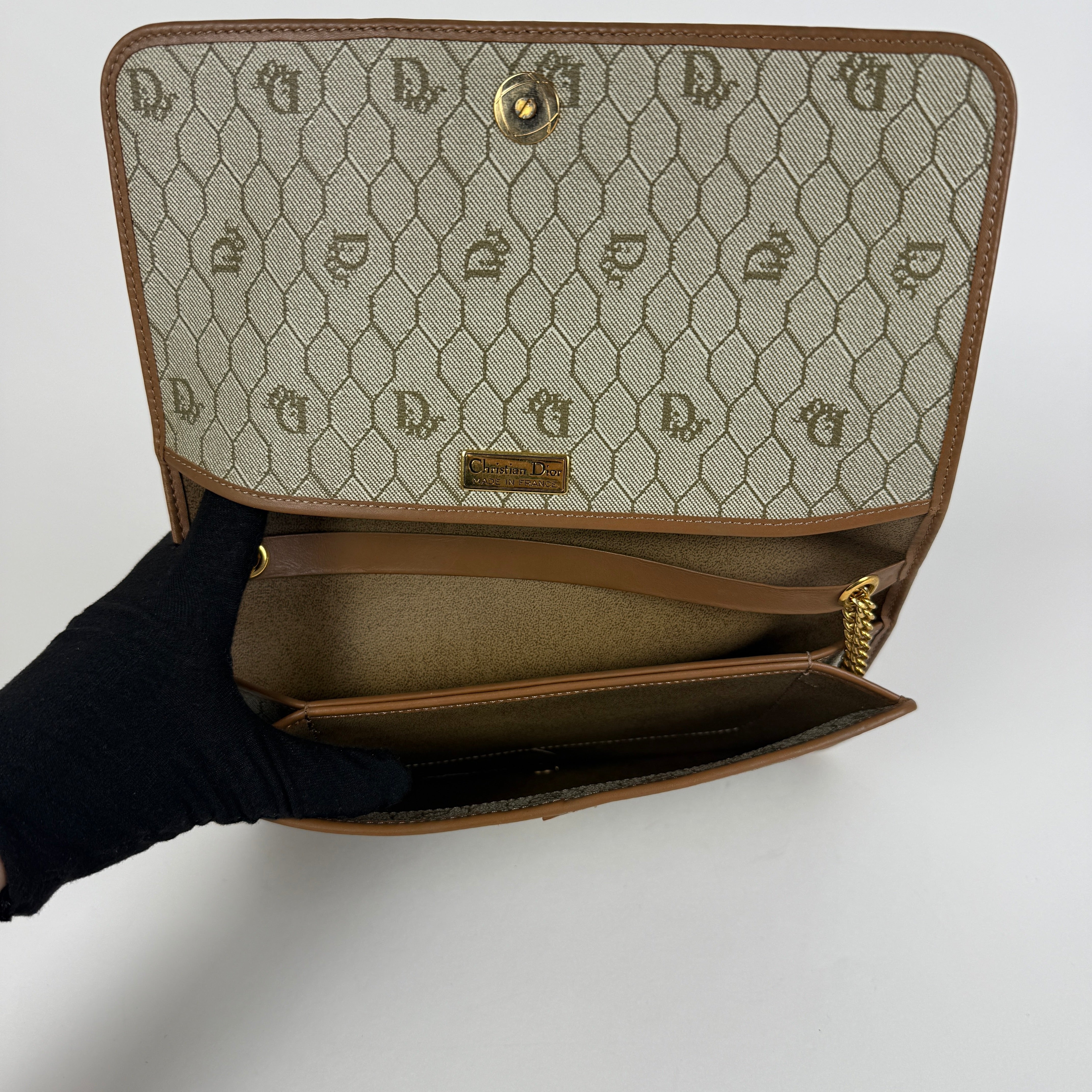 Vintage Brown leather trim Chain Clutch