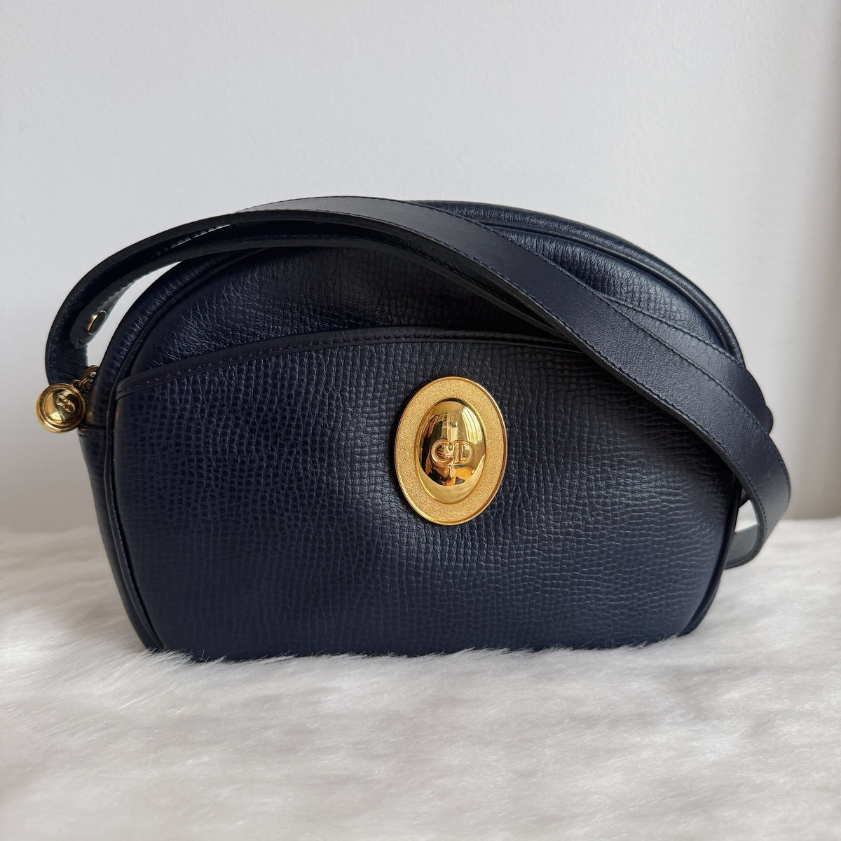 Vintage Crossbody Bag — Navy Blue Leather — Gold-Tone Hardware