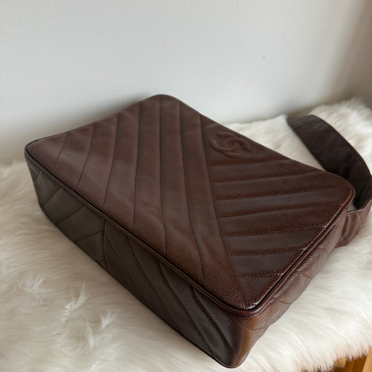 Vintage Chevron Camera Bag — Dark Chocolate Brown Caviar Leather — 24K Gold-Plated Hardware