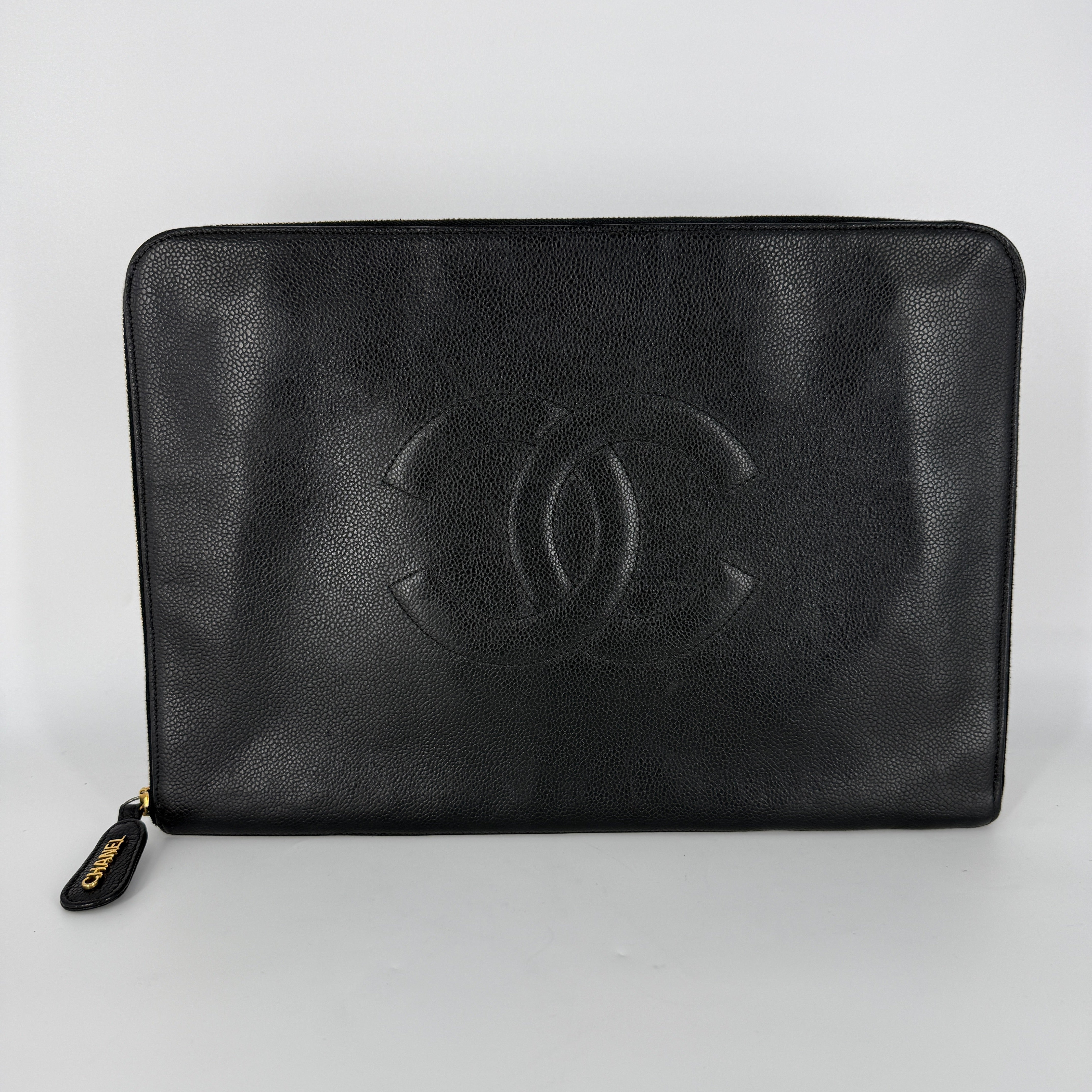 CC Caviar Leather 24 karat Gold Clutch / Laptop Holder – Black