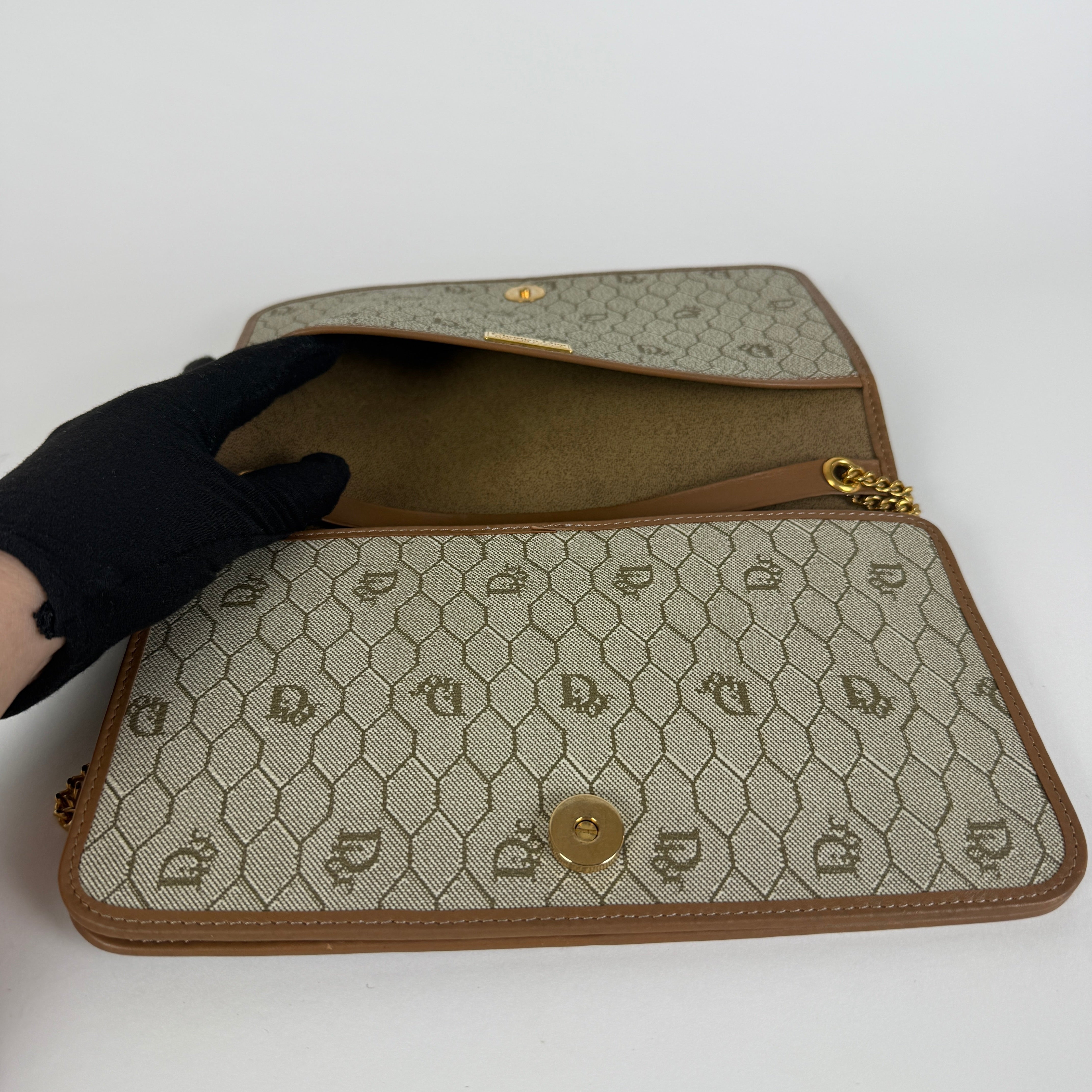 Vintage Brown leather trim Chain Clutch