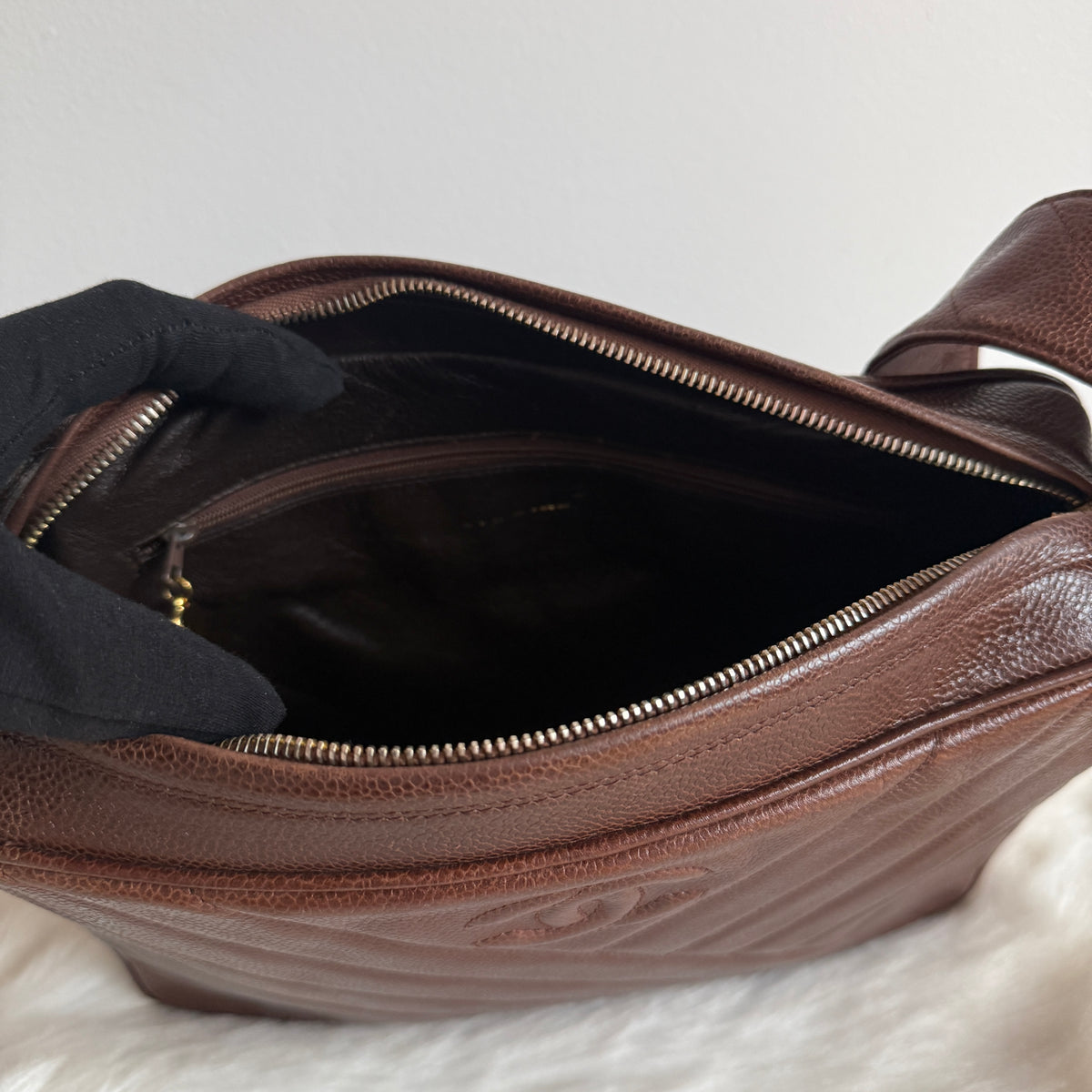 Vintage Chevron Camera Bag — Dark Chocolate Brown Caviar Leather — 24K Gold-Plated Hardware