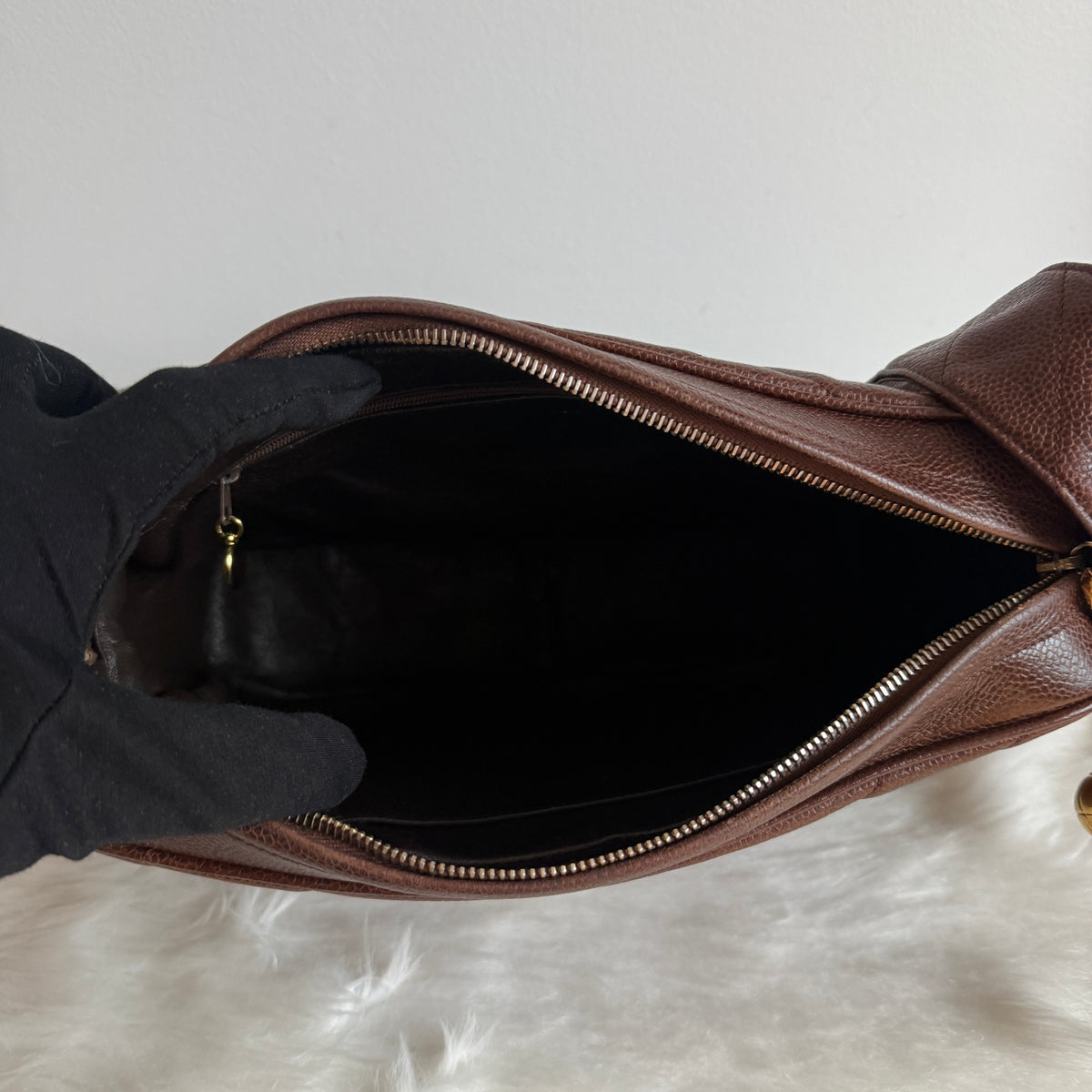Vintage Chevron Camera Bag — Dark Chocolate Brown Caviar Leather — 24K Gold-Plated Hardware