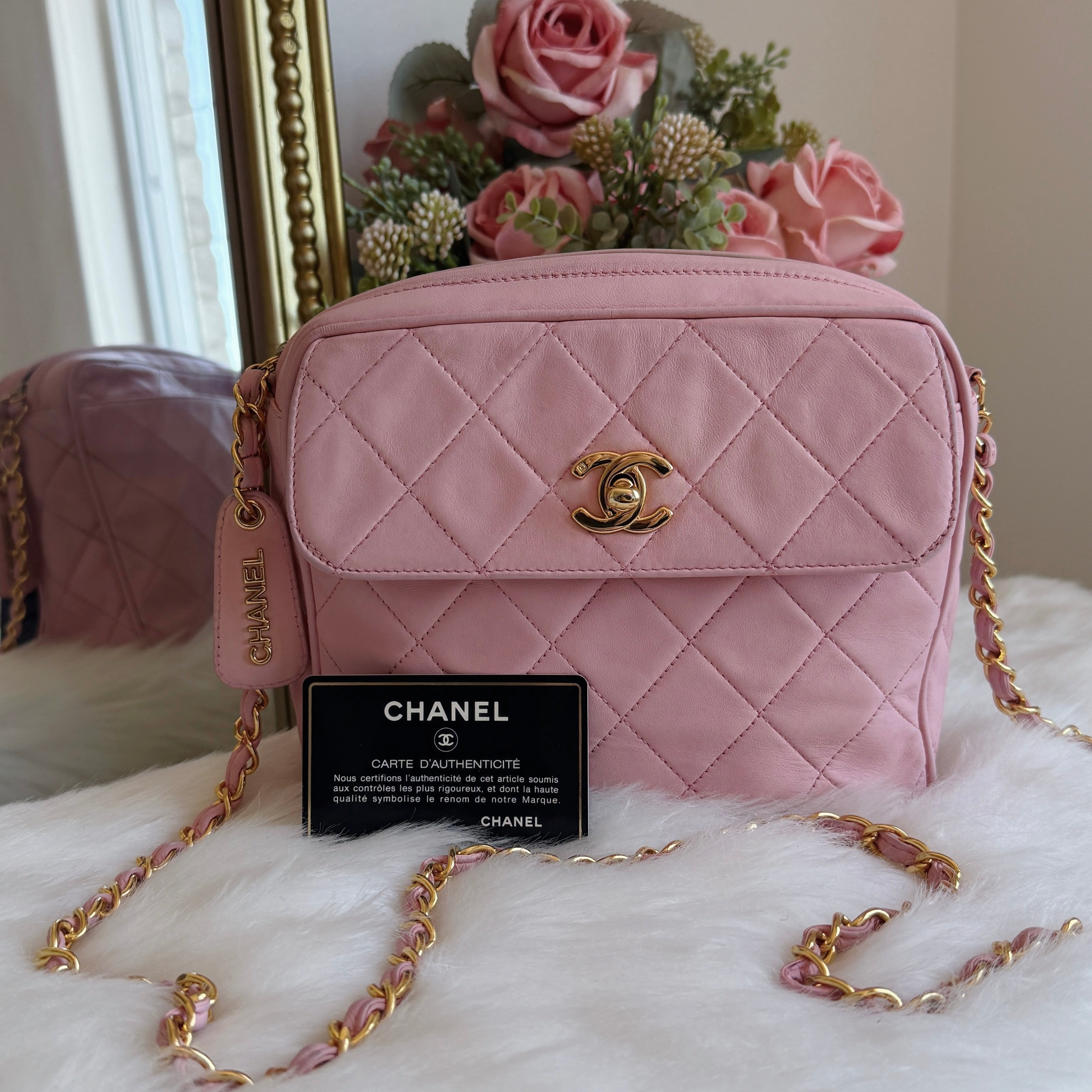Vintage Quilted Camera Bag — Pink Lambskin