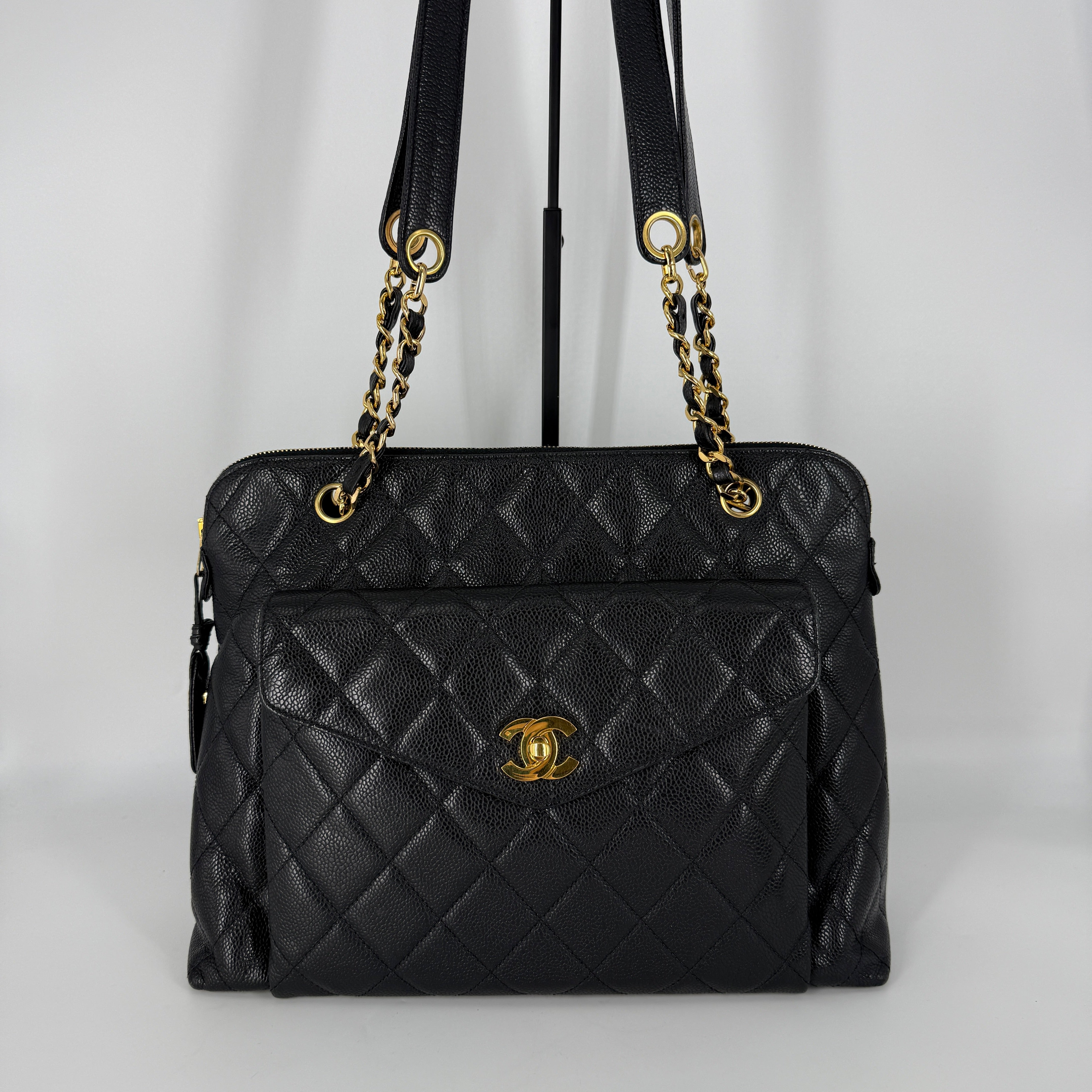 Quilted Caviar Tote Bag – Black