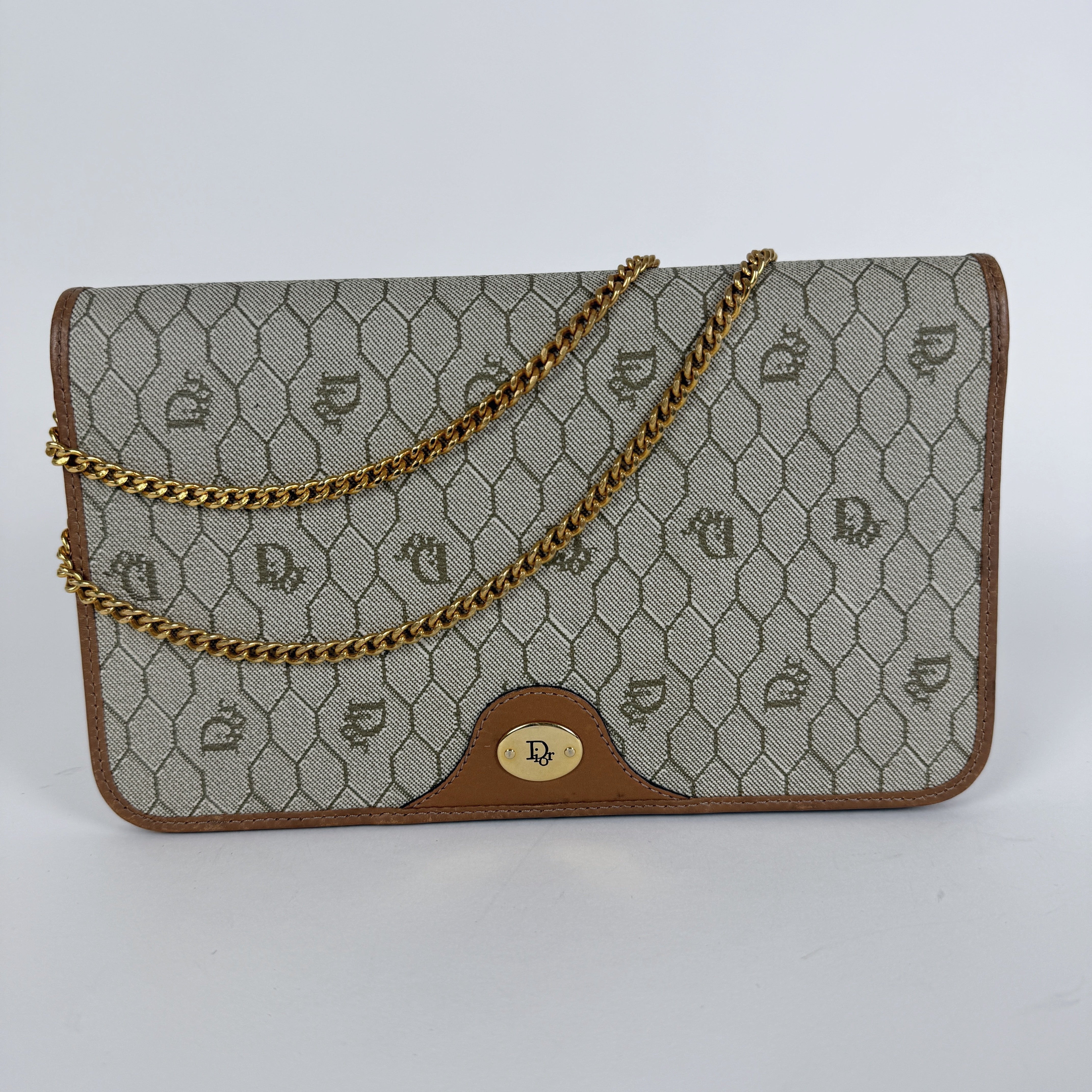 Vintage Brown leather trim Chain Clutch