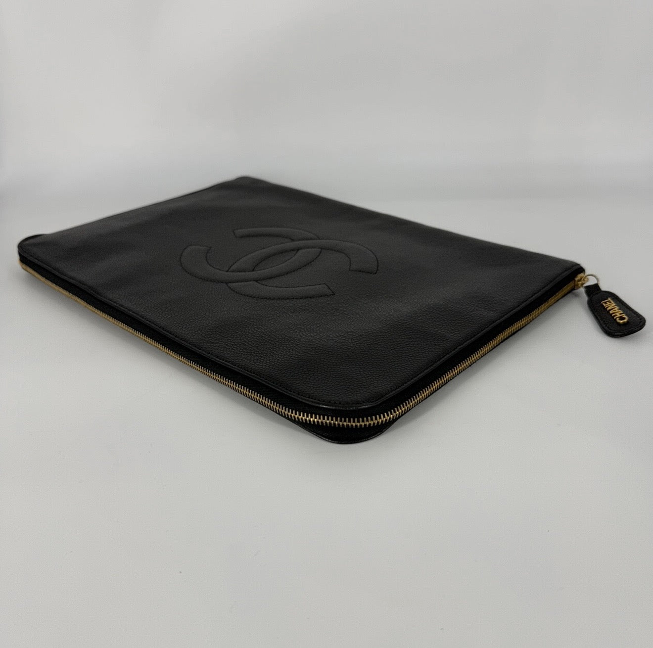 CC Caviar Leather 24 karat Gold Clutch / Laptop Holder – Black