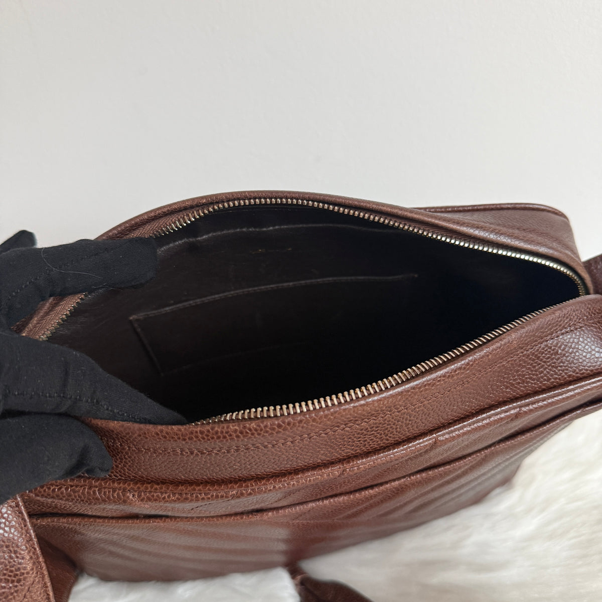 Vintage Chevron Camera Bag — Dark Chocolate Brown Caviar Leather — 24K Gold-Plated Hardware