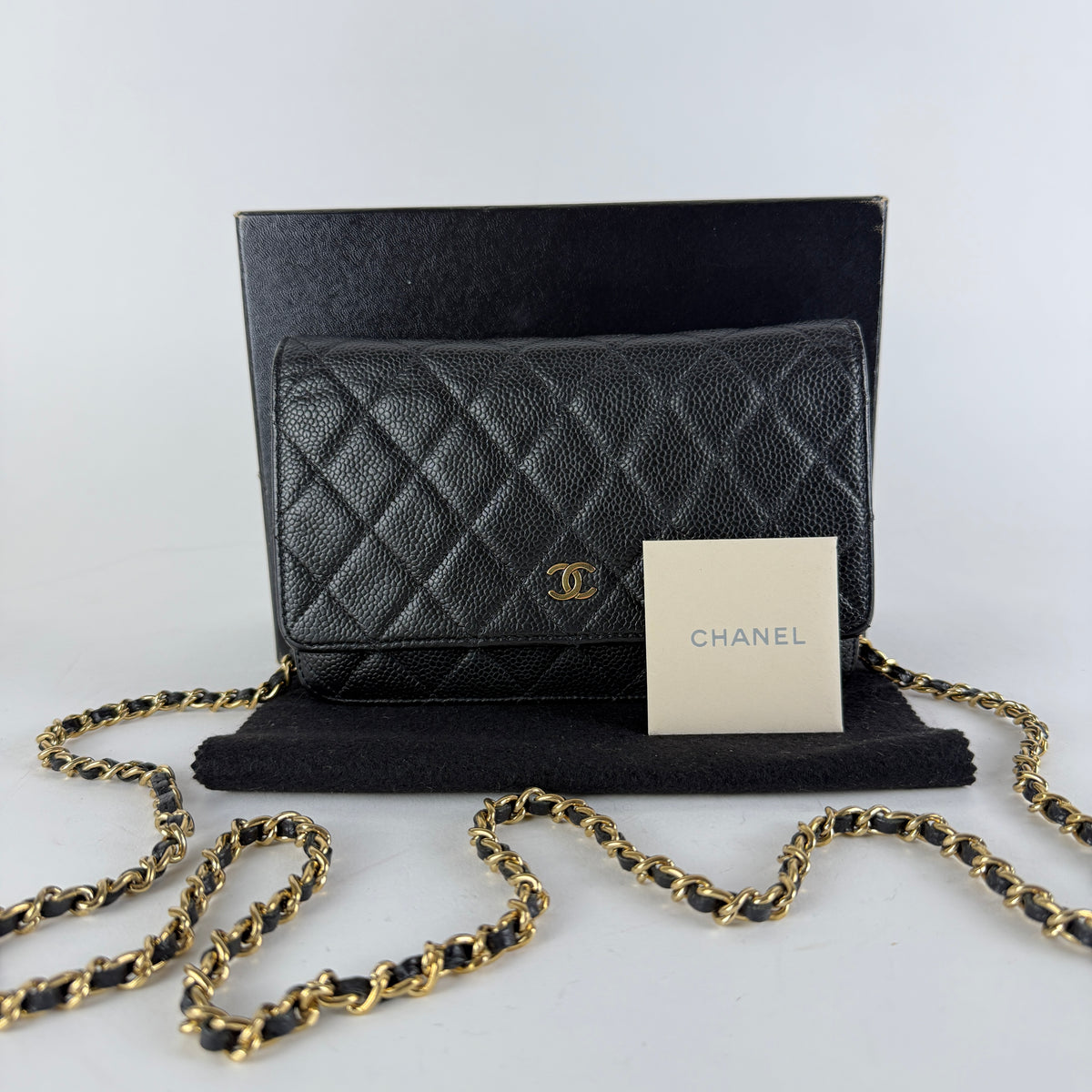 Wallet on Chain — Black Caviar Leather — Gold-Tone Hardware