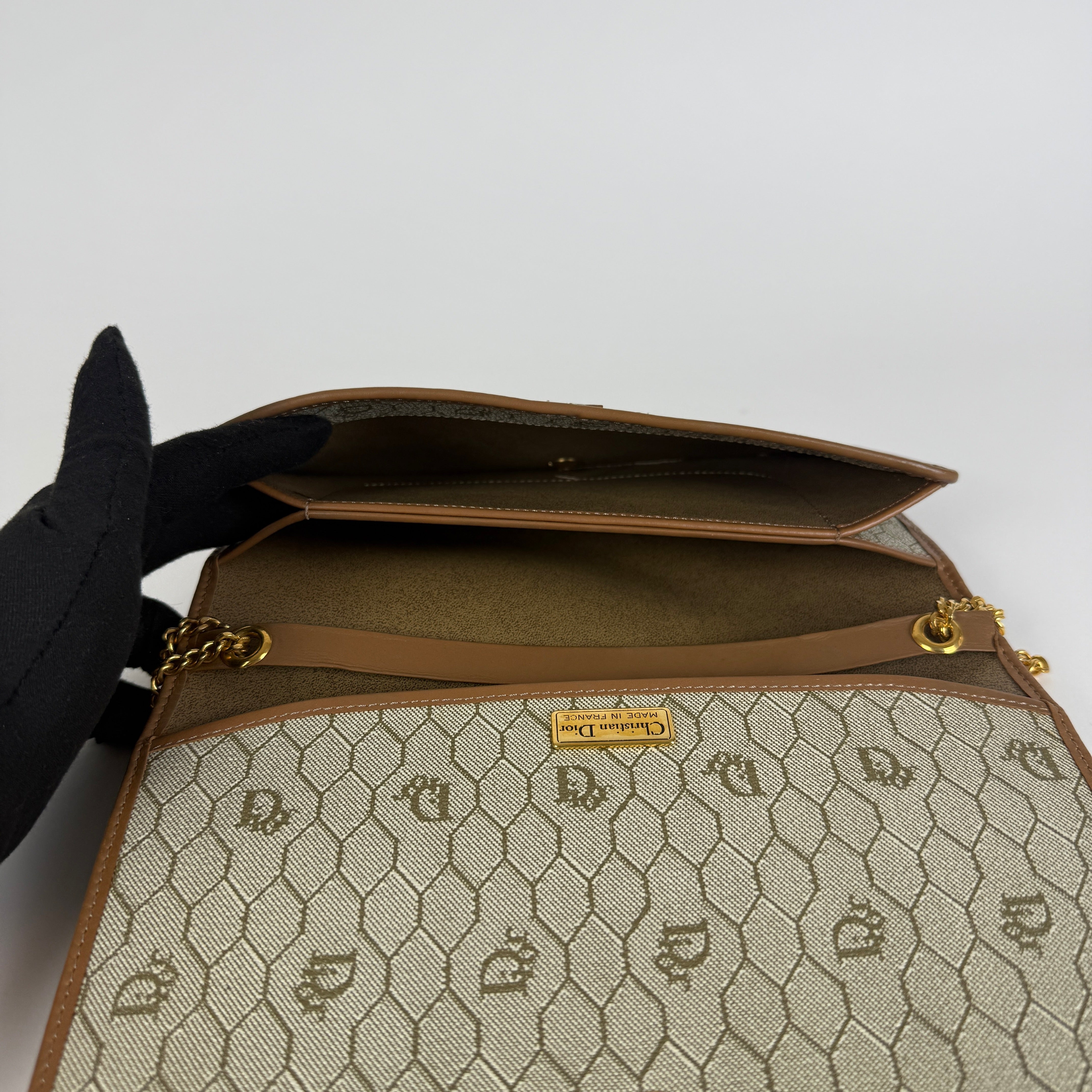 Vintage Brown leather trim Chain Clutch