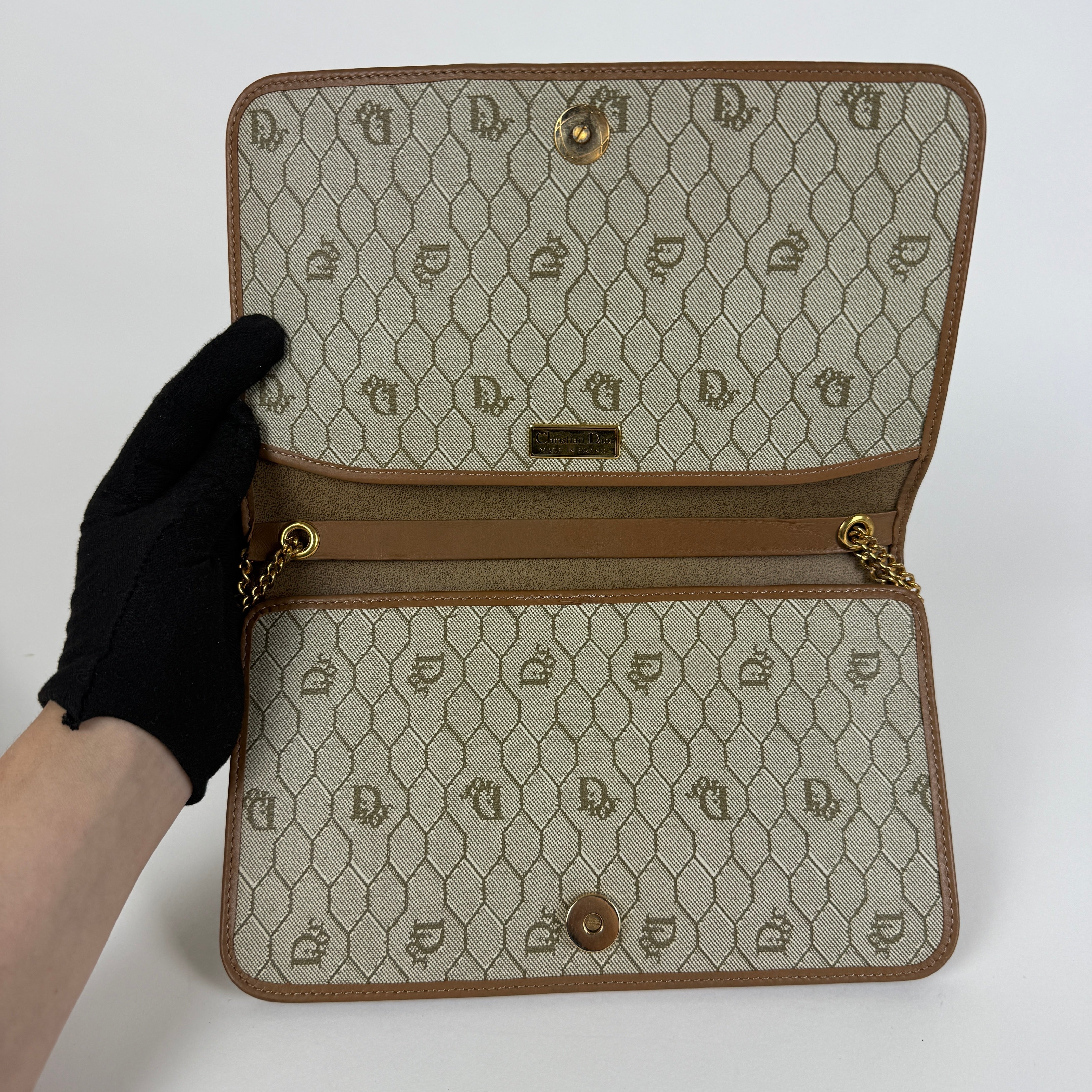 Vintage Brown leather trim Chain Clutch