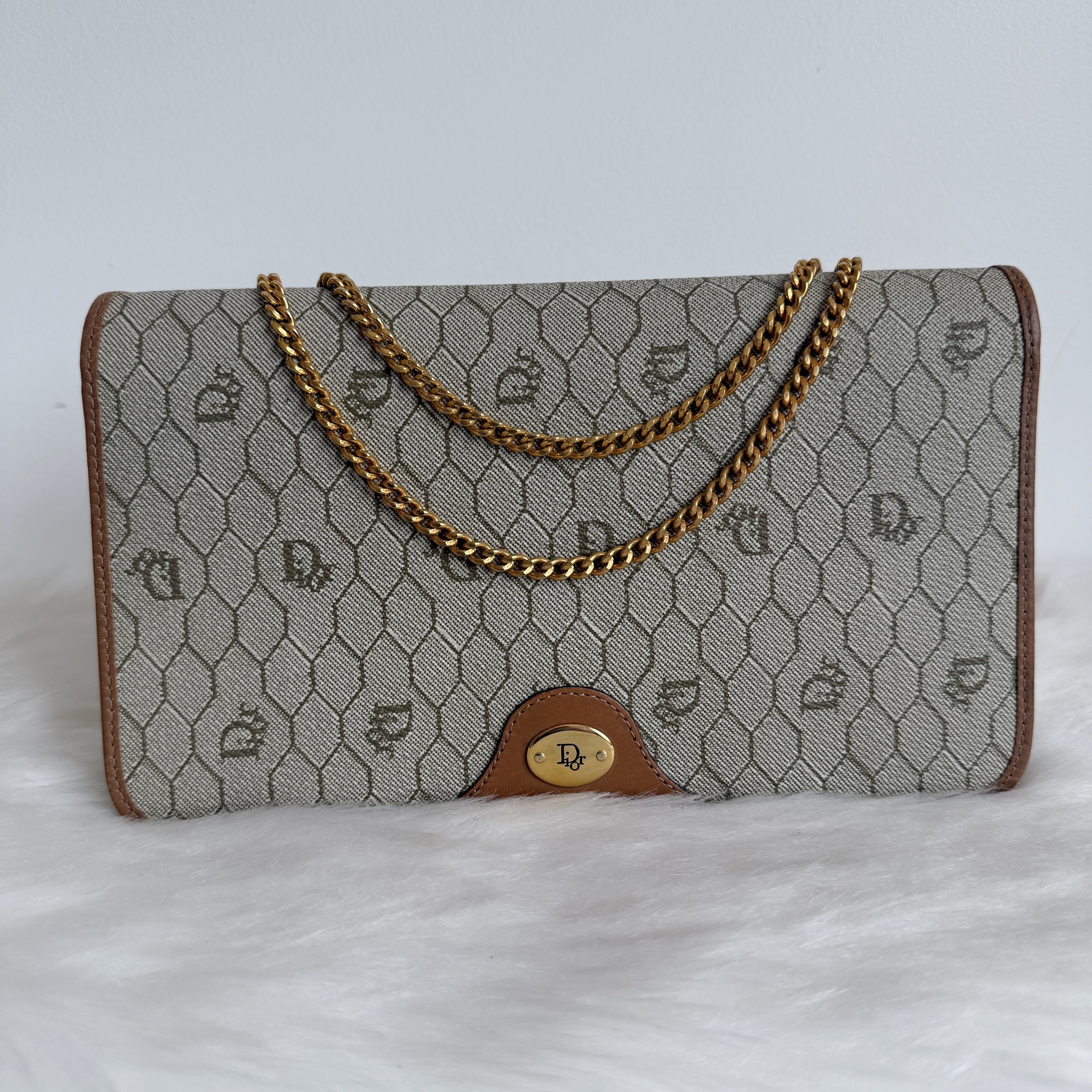 Vintage Brown leather trim Chain Clutch