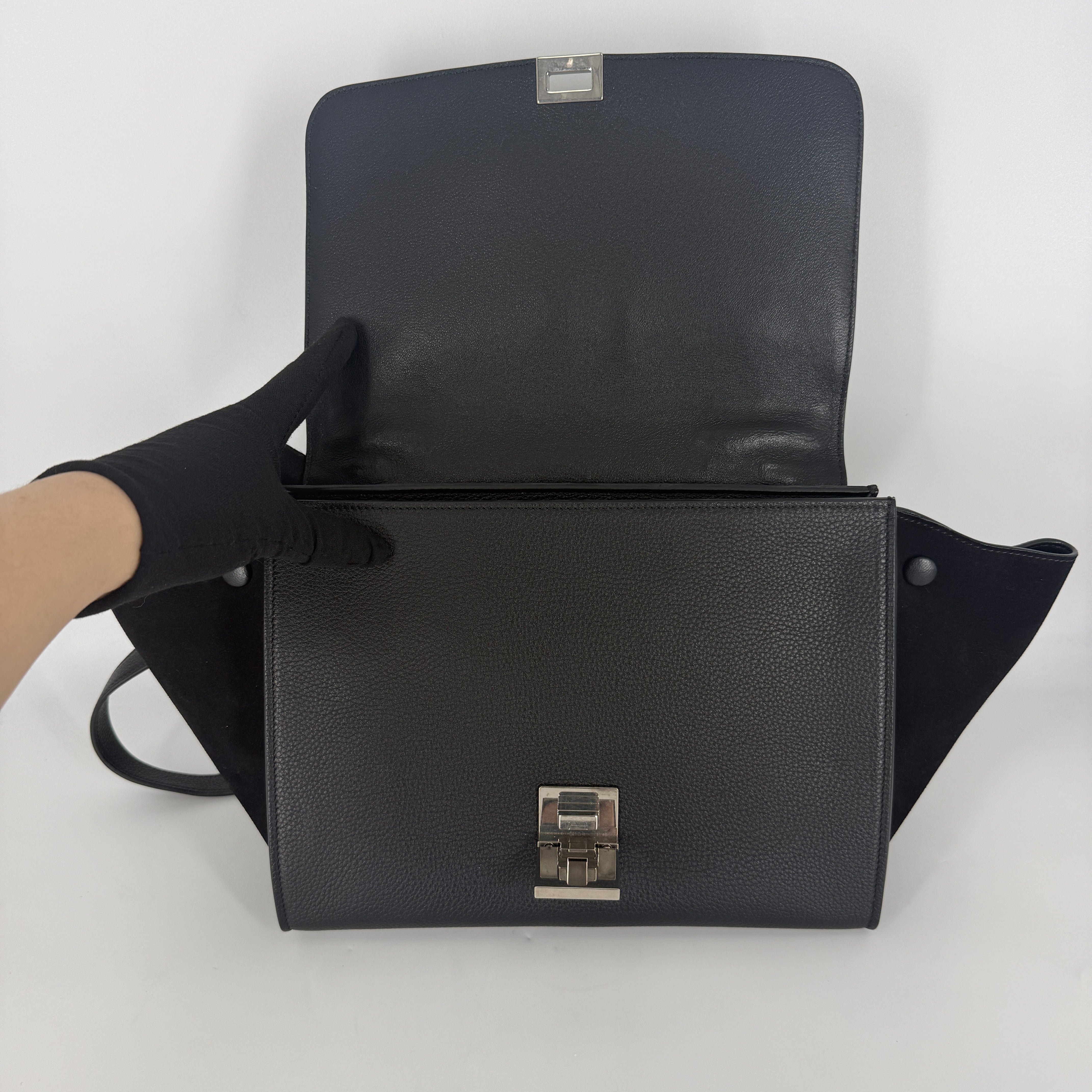 Trapeze Leather & Suede 2 Way Handbag – Black