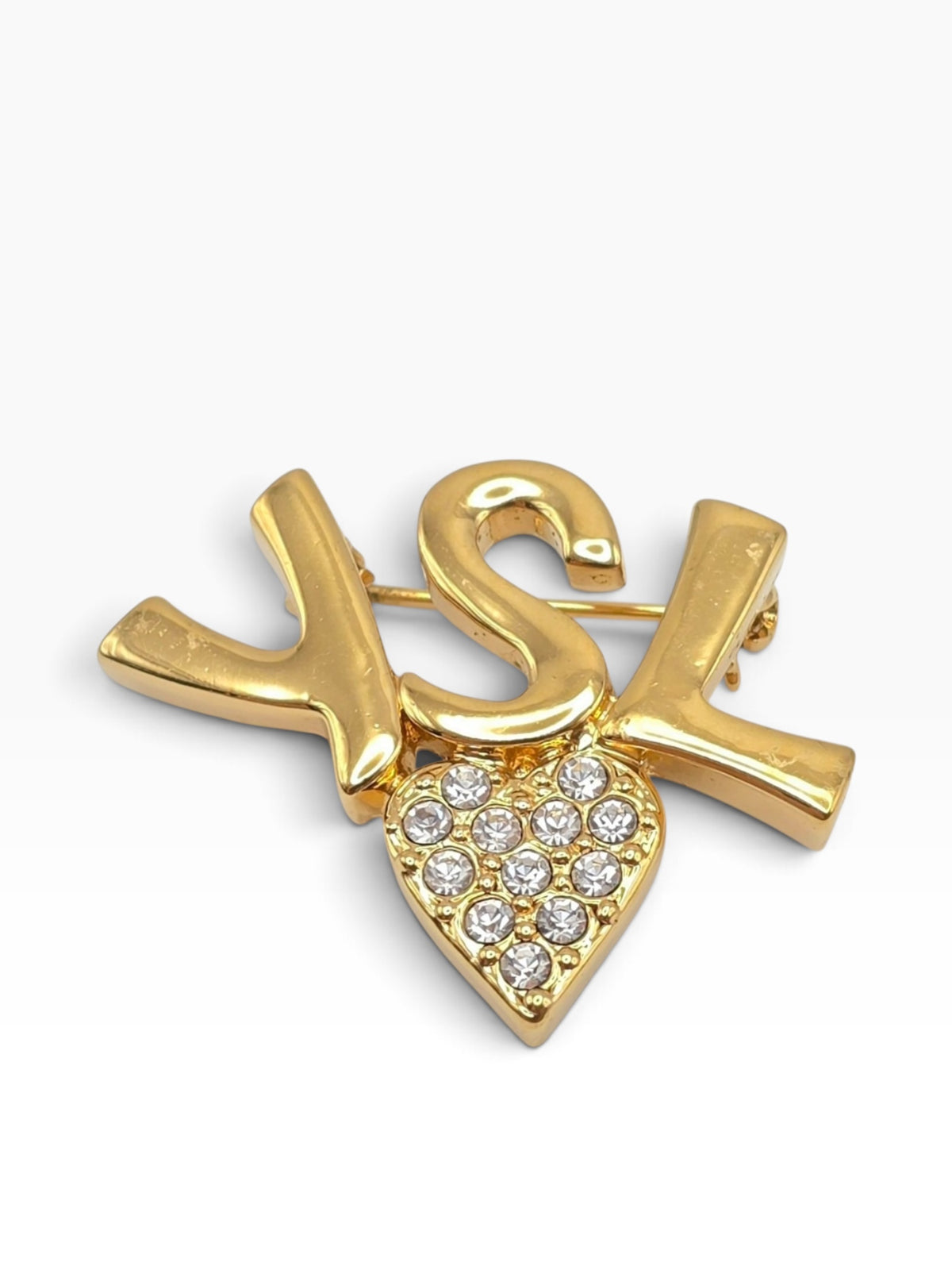 Vintage YSL Heart Brooch — Gold-Tone Metal & Crystals