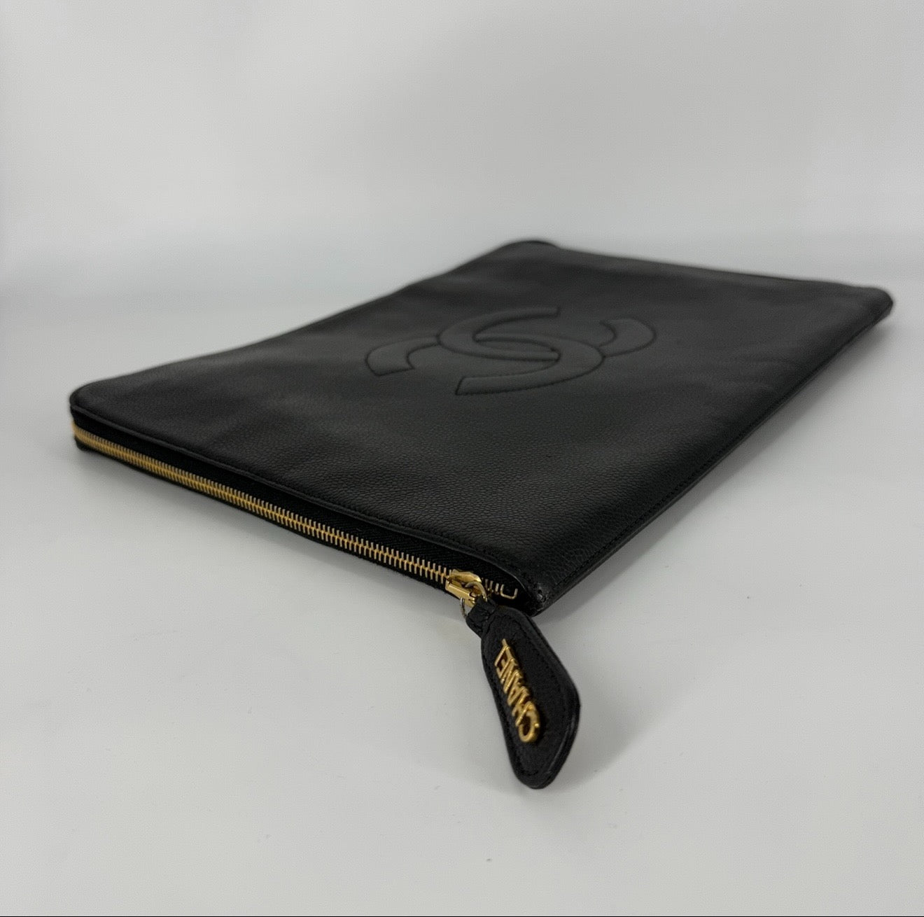 CC Caviar Leather 24 karat Gold Clutch / Laptop Holder – Black