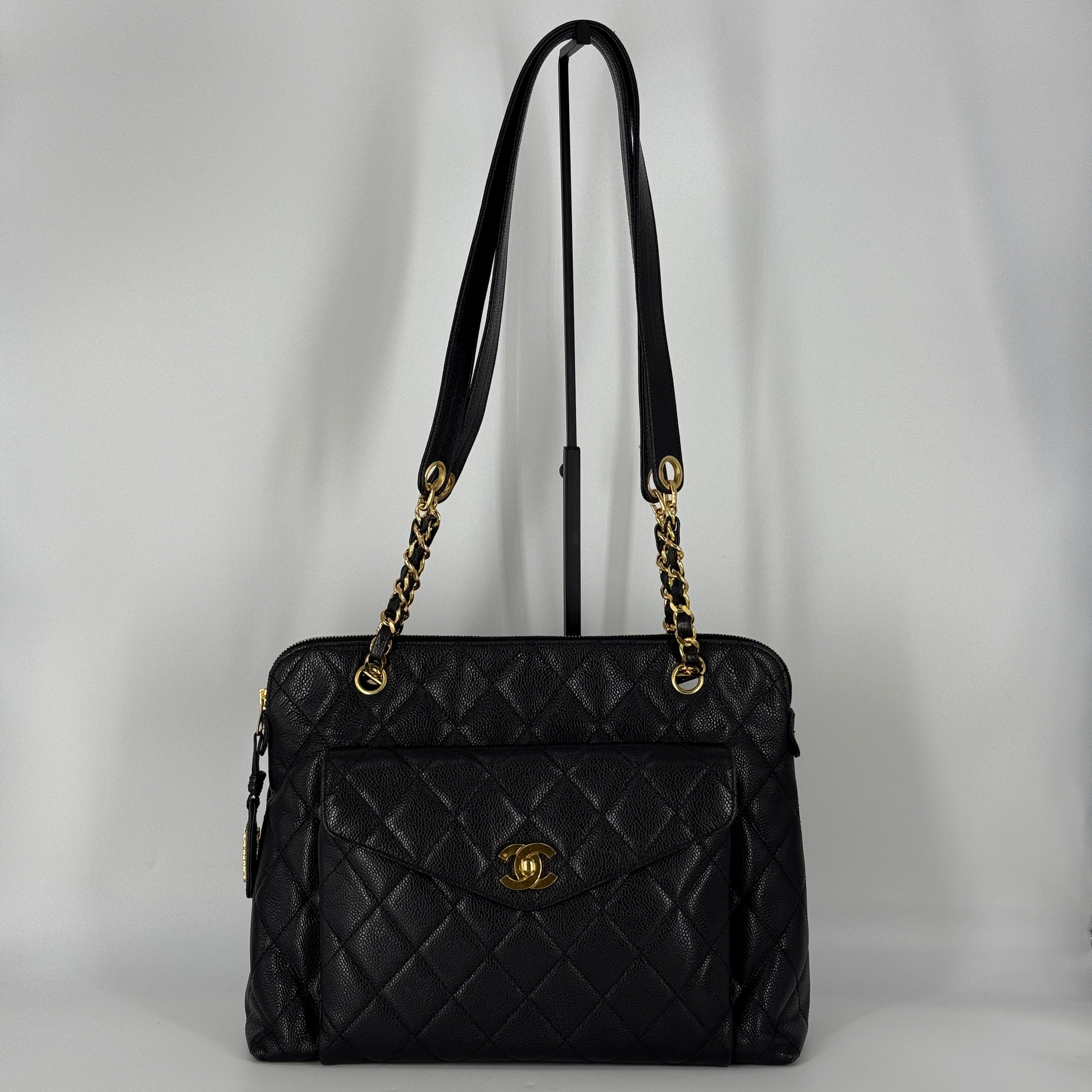 Quilted Caviar Tote Bag – Black