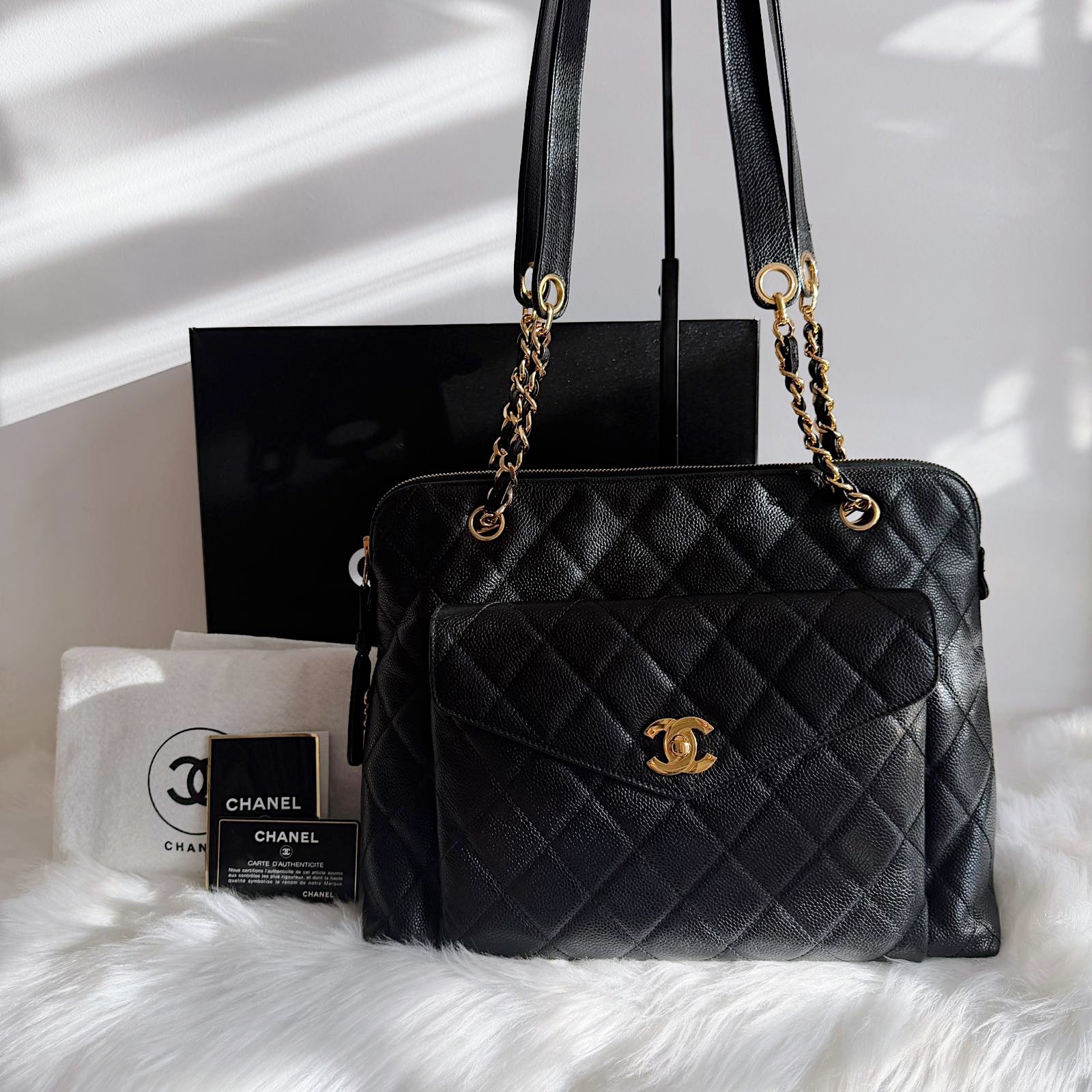 Quilted Caviar Tote Bag – Black