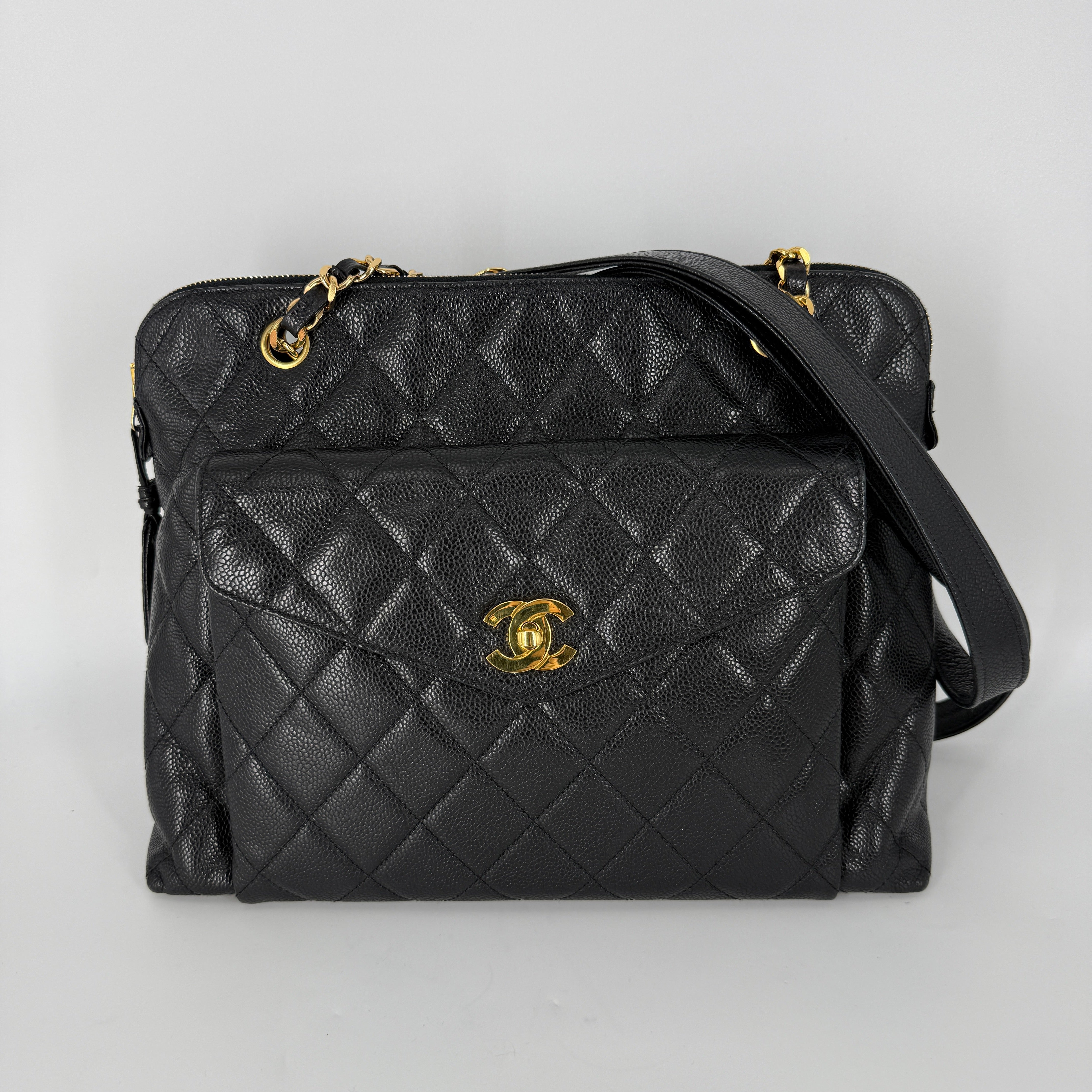 Quilted Caviar Tote Bag – Black