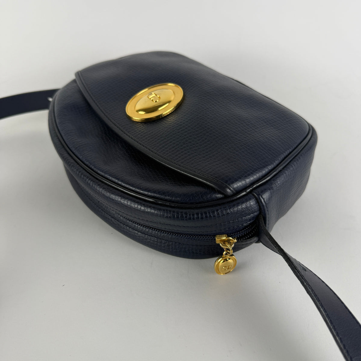 Vintage Crossbody Bag — Navy Blue Leather — Gold-Tone Hardware