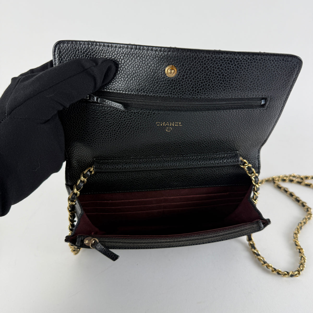 Wallet on Chain — Black Caviar Leather — Gold-Tone Hardware