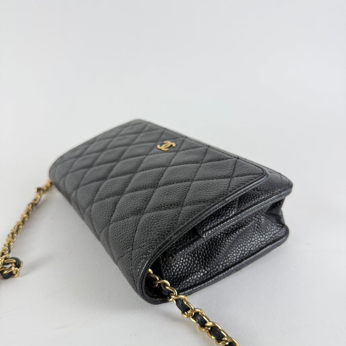 Wallet on Chain — Black Caviar Leather — Gold-Tone Hardware