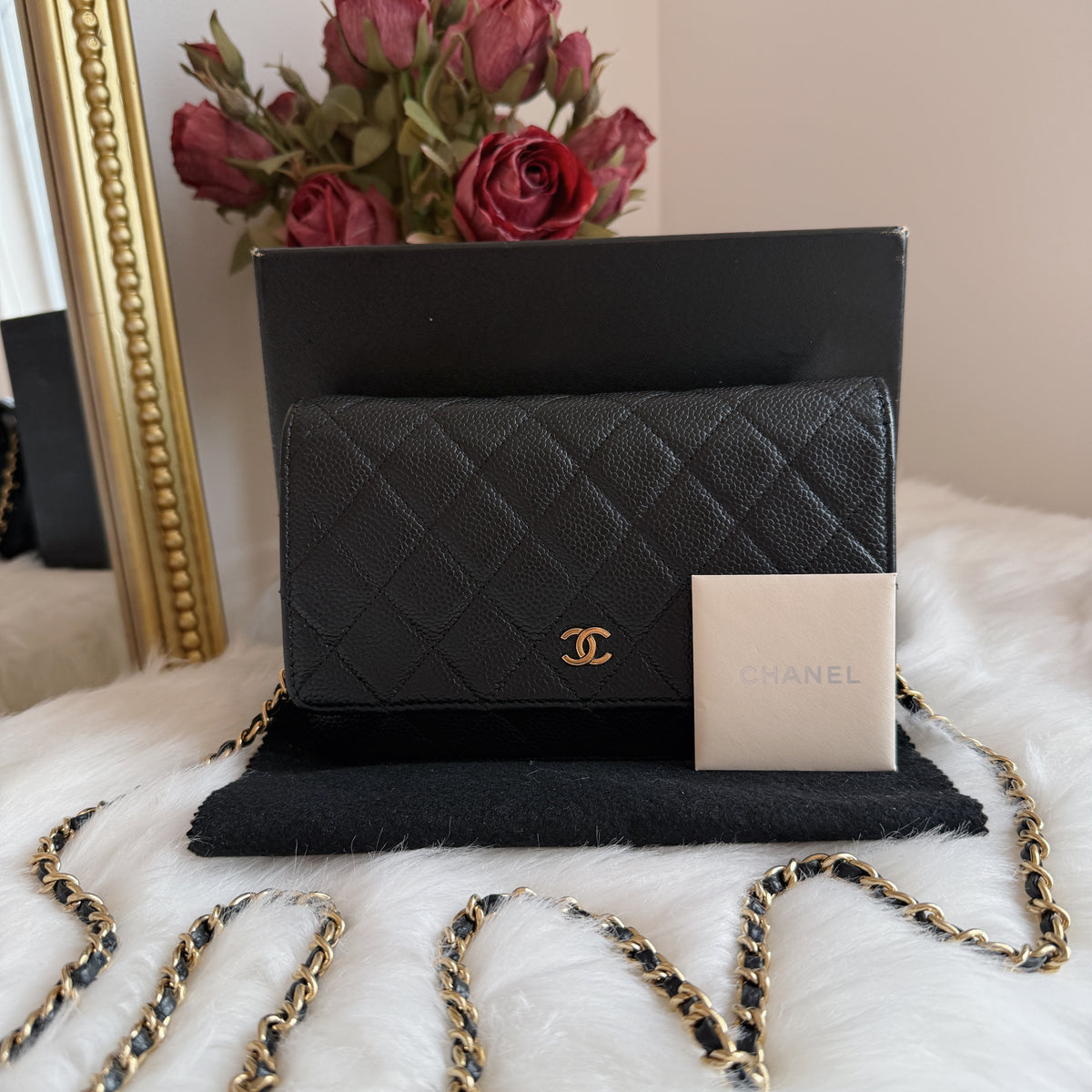 Wallet on Chain — Black Caviar Leather — Gold-Tone Hardware