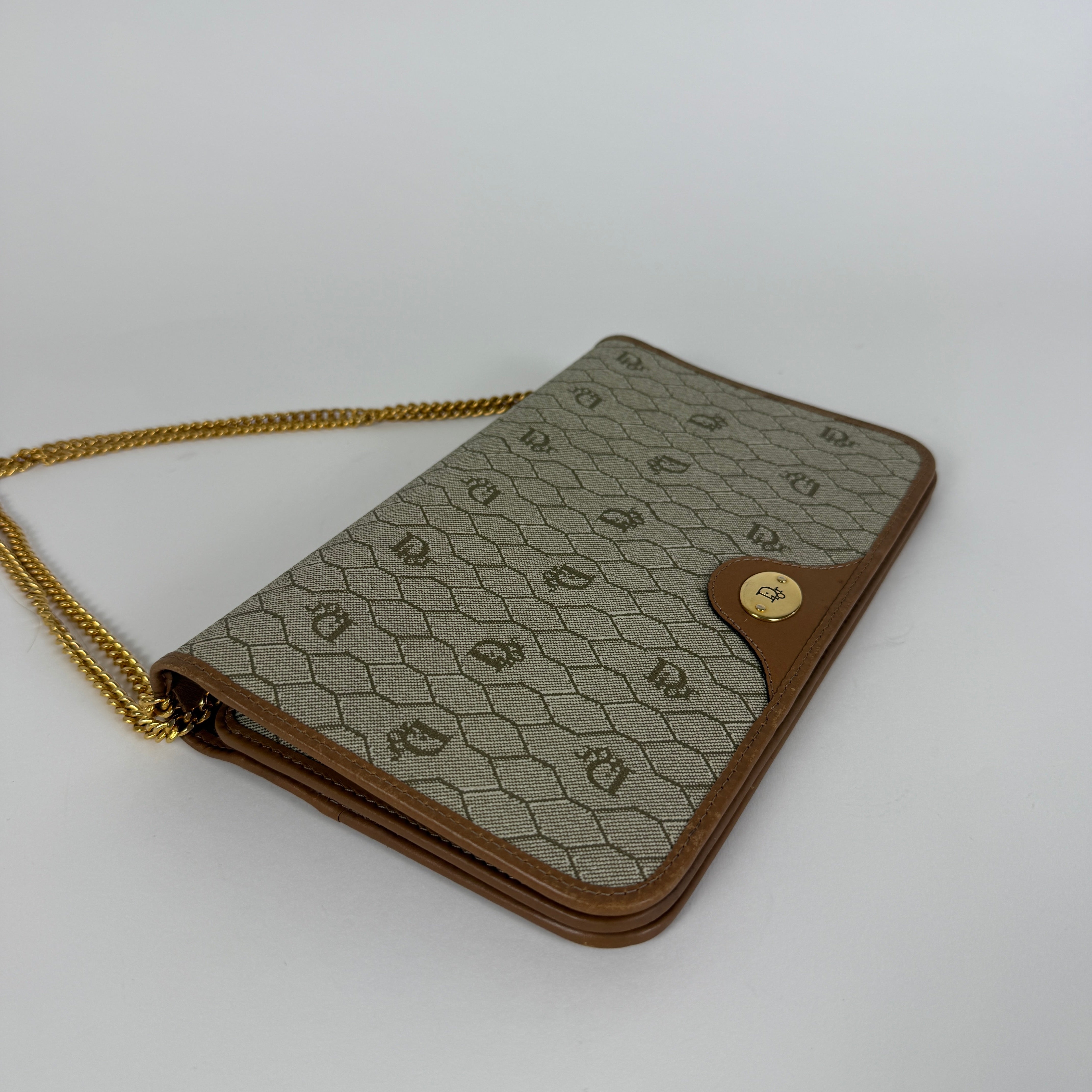 Vintage Brown leather trim Chain Clutch