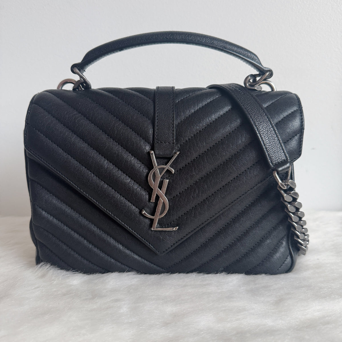 College Small Top Handle — Black Leather & Silver-Tone Hardware