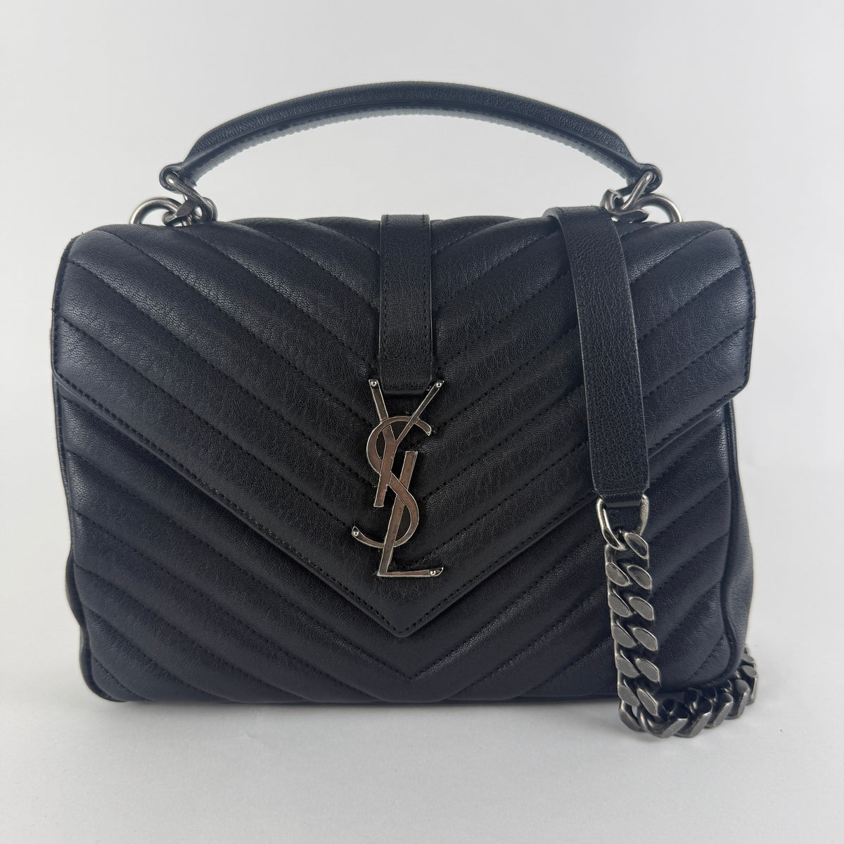 College Small Top Handle — Black Leather & Silver-Tone Hardware