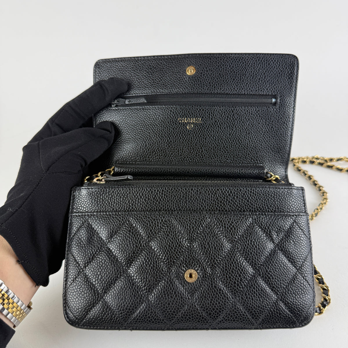Wallet on Chain — Black Caviar Leather — Gold-Tone Hardware