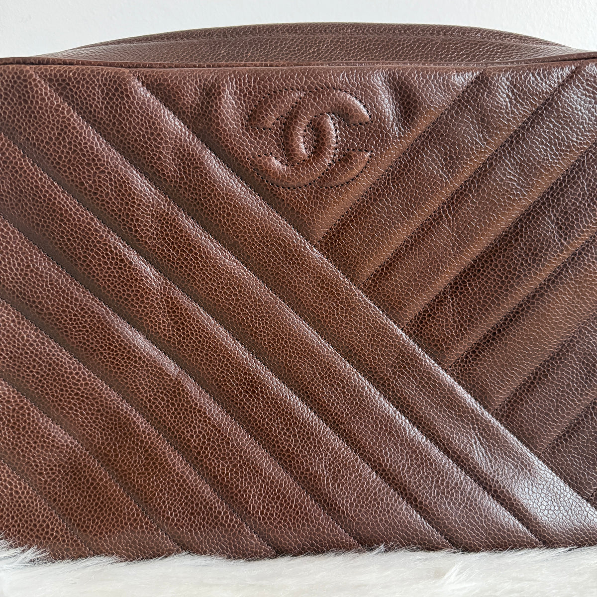 Vintage Chevron Camera Bag — Dark Chocolate Brown Caviar Leather — 24K Gold-Plated Hardware
