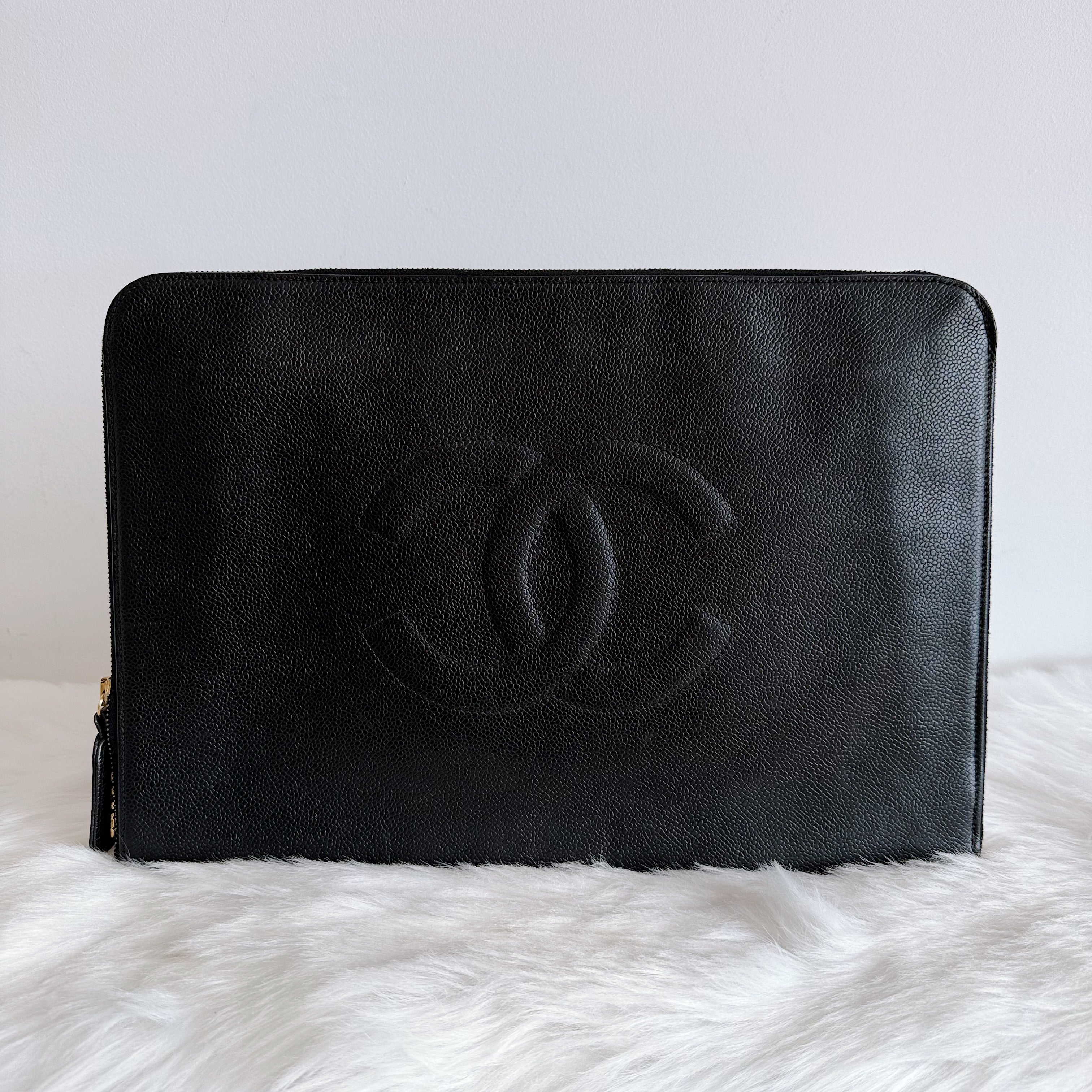 CC Caviar Leather 24 karat Gold Clutch / Laptop Holder – Black