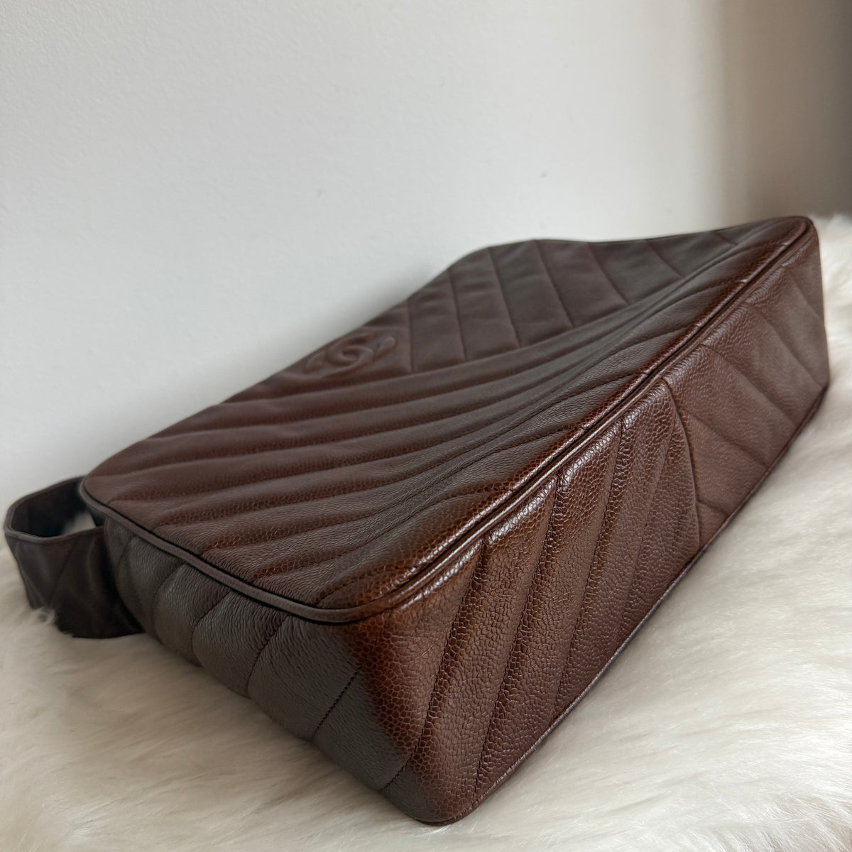 Vintage Chevron Camera Bag — Dark Chocolate Brown Caviar Leather — 24K Gold-Plated Hardware